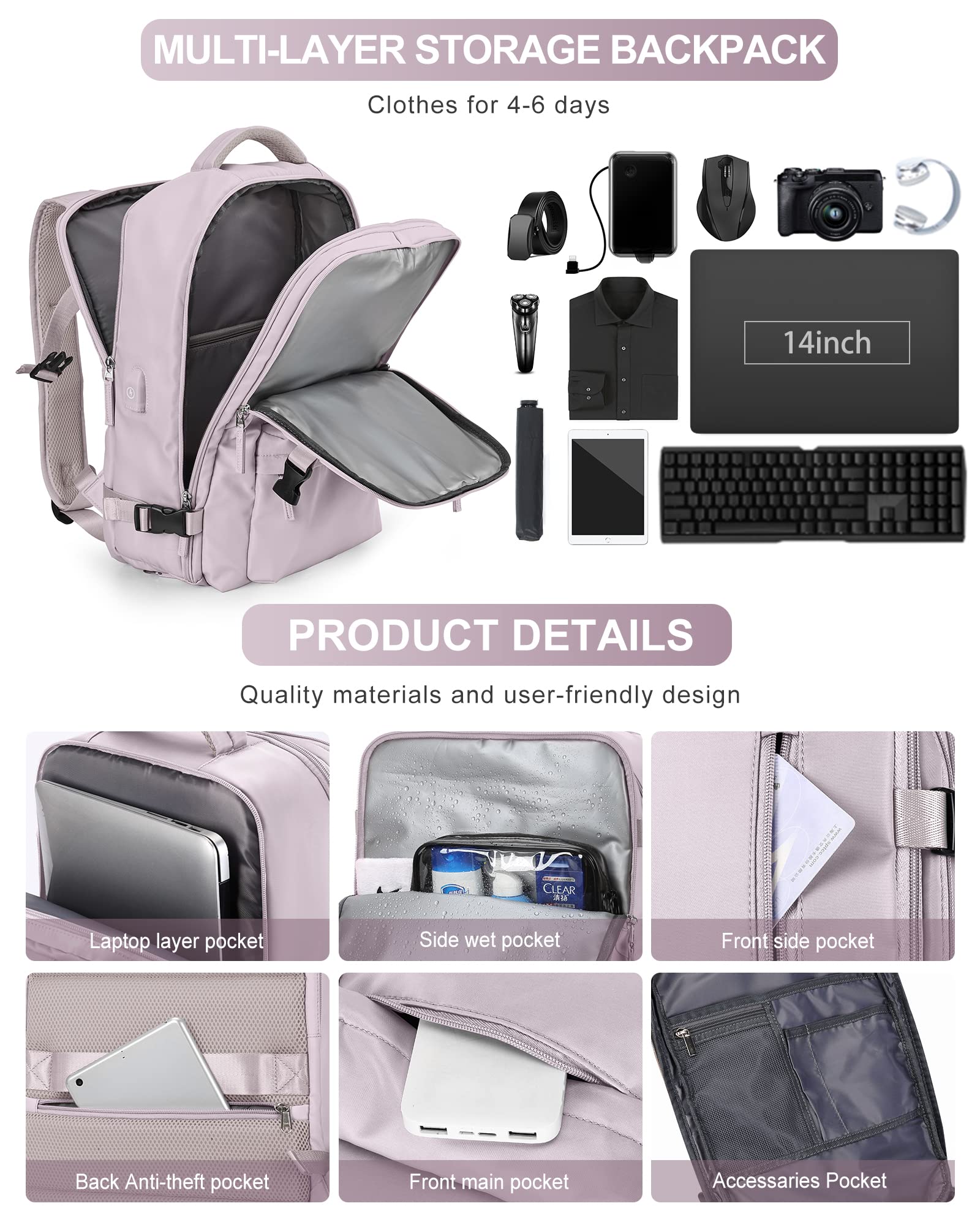 Zaino da Viaggio per Easyjet 45x36x20 Bagaglio a Mano Zaino Borse da Cabina per Ryanair Il Sedile Zaino Aereo Bagaglio a Mano Borsa Cabina Viaggio Zaino Travel Viaggio Casual Daypack,J3-Viola Rosa