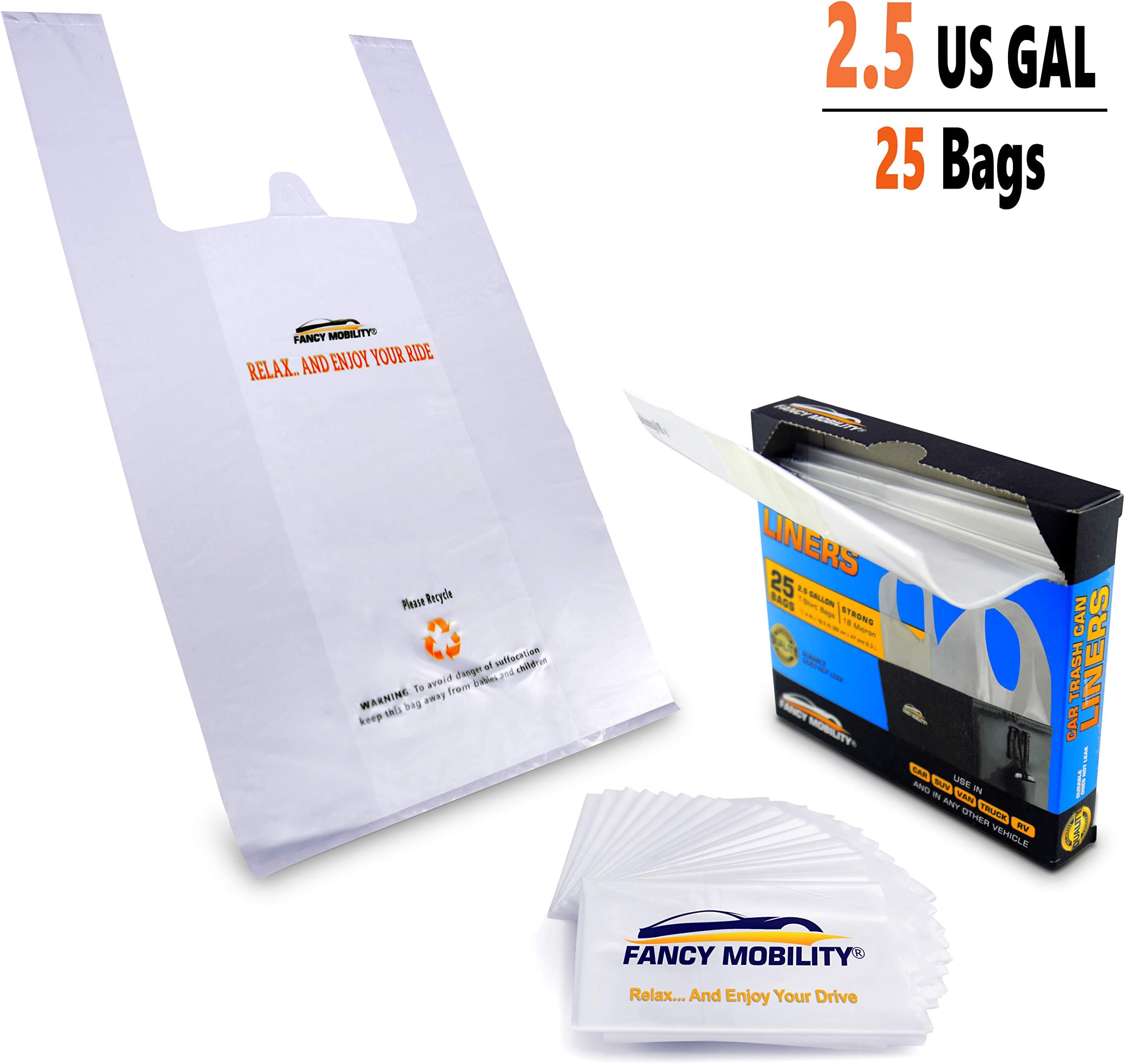2.5 Gallon Small Car Trash Can Liners - 25 Strong Plastic Bags for Car Garbage - Car Accessories Small Waste Basket Trash Bin Liners - Great for Office, Bathroom, Bedroom (1 Pack)