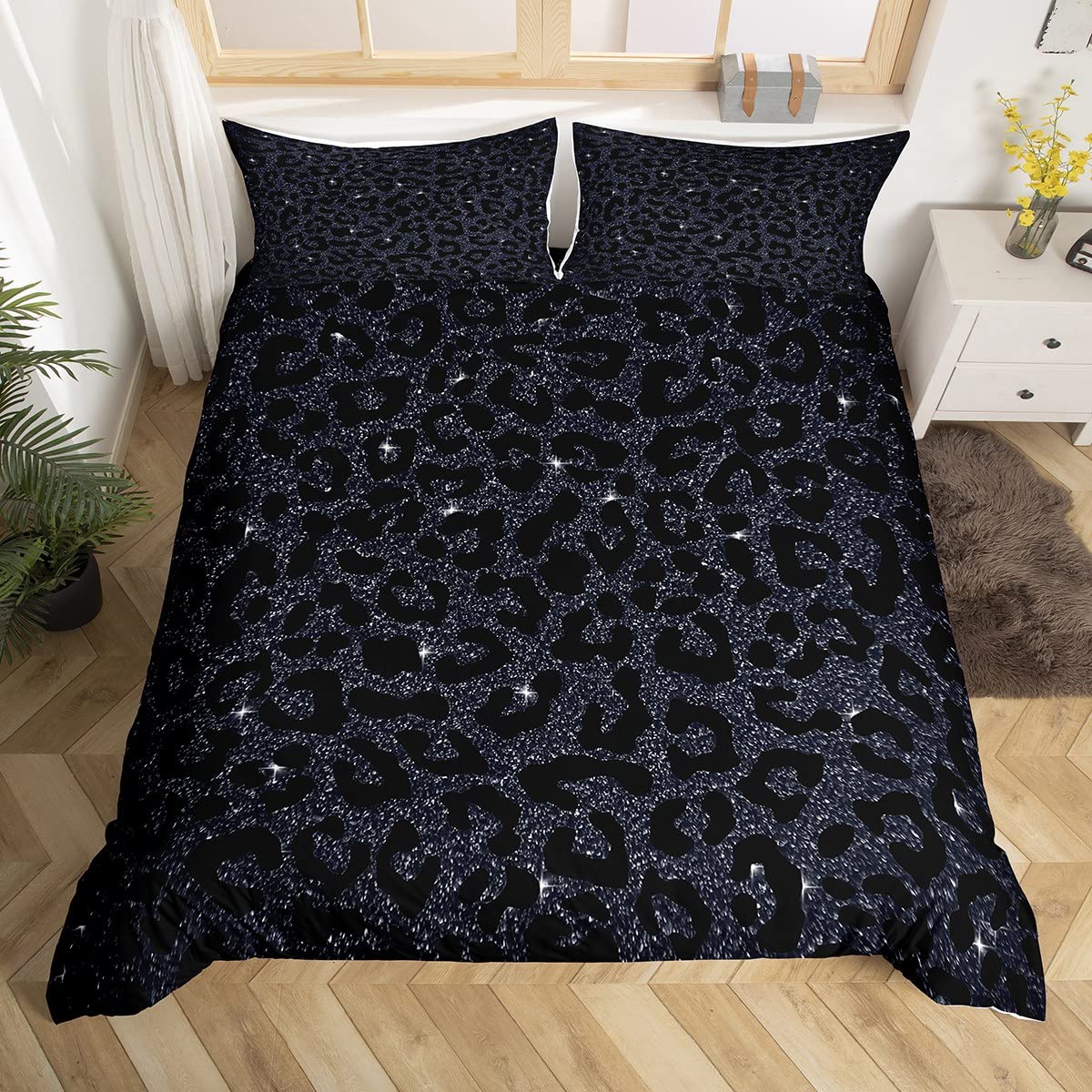 Homemissing Boys Multicolored 13211 Leopard Print Duvet Cover Set Glitter Cheetah Print Bedding Set For Kids Girls Wild Animal Decor Comforter Cover Set Microfiber Geometric Bedspread Cover Black Bedclothes King