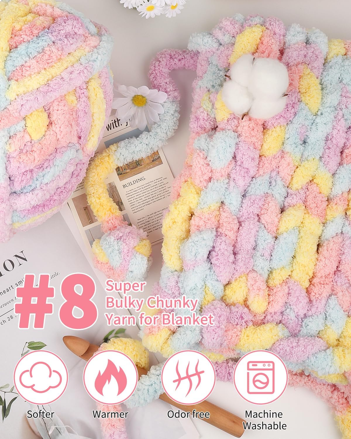 Chunky Yarn for Hand Knitting Crocheting, Aeelike Polyester Soft Jumbo Fluffy Chenille Yarn for Blankets Rugs Mats, 8 Skeins Bulky Yarns for Beginners & Hand Crafter, Purple Pink