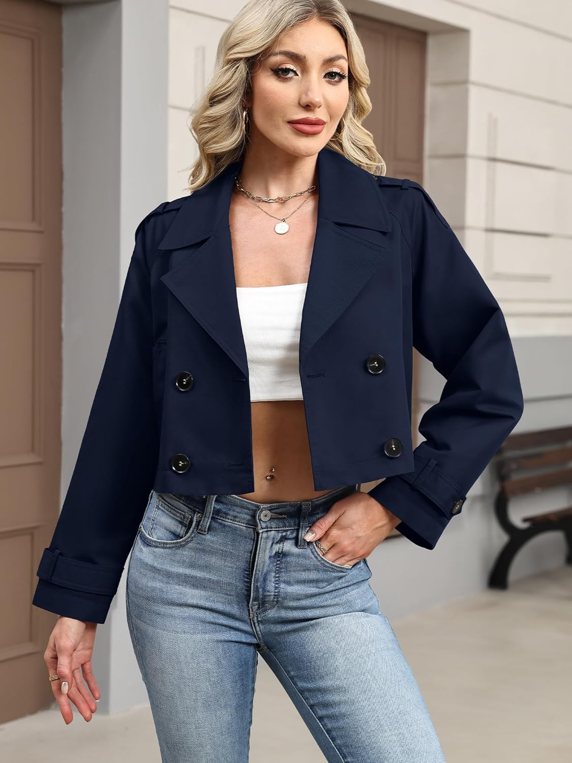 ELLEVEN Womens Cropped Trench Coat, Casual Double Breasted Short Jackets Long Sleeve Loose Fit Fall Coats Fashion Outwear - Image 5