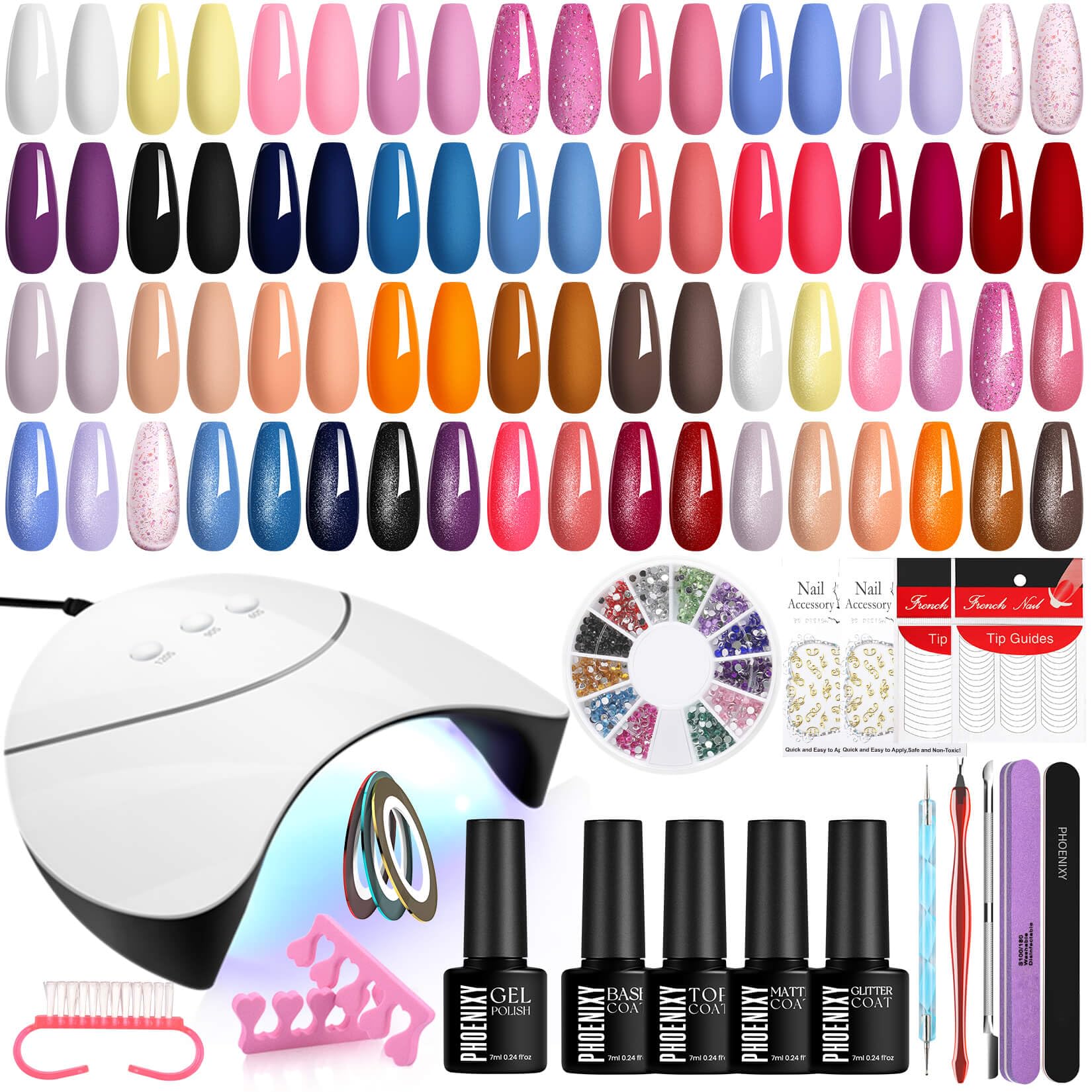 Phoenixy Kit de Uñas Semipermanentes con Lampara Uñas Semipermanentes, 24Pcs 72 Efectos Kit Uñas Semipermanentes con Brillo Mate Glitter Top Coat, Kit Manicura Semipermanente para Mujeres DIY en Casa