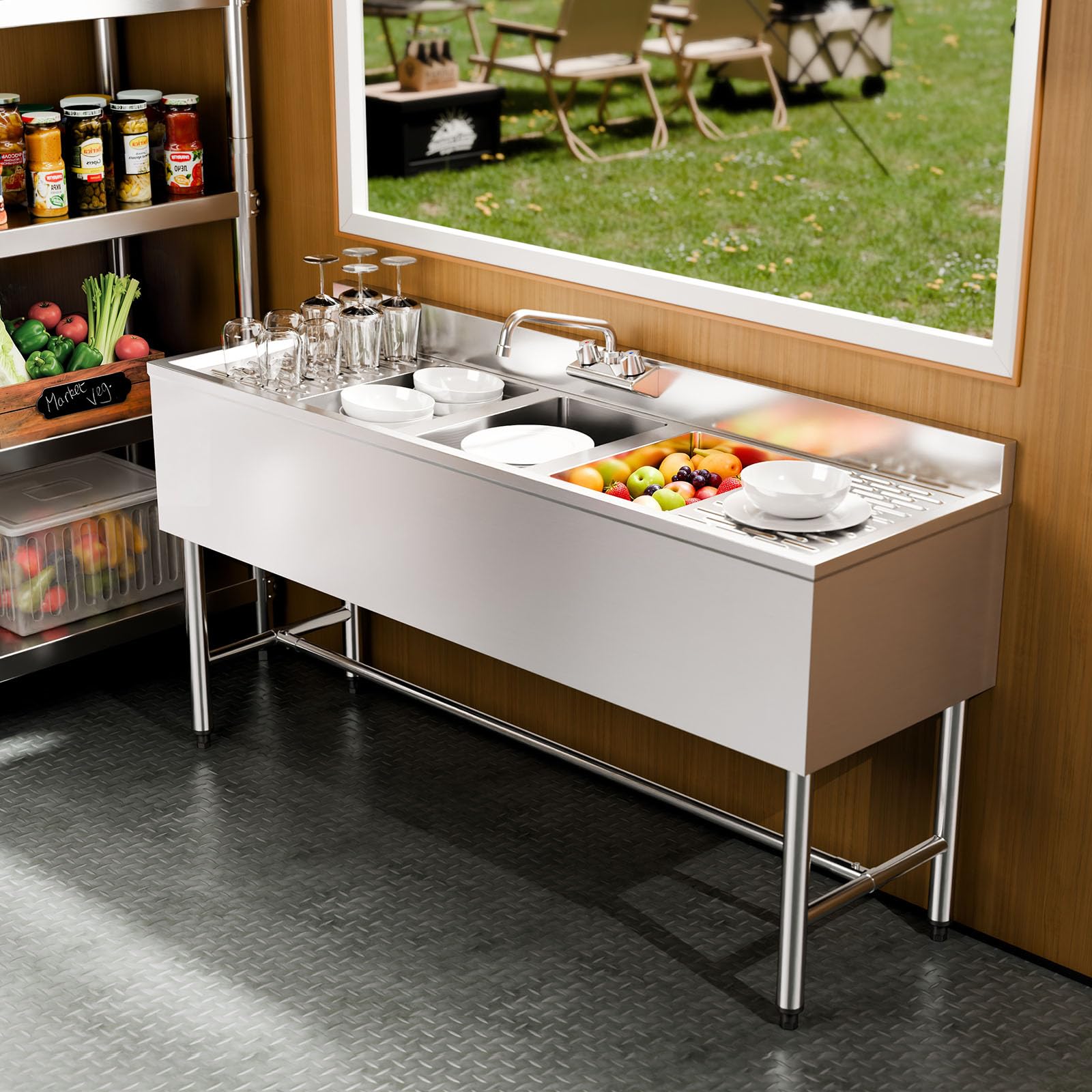 VEVOR Lavello a 3 Scomparti Rettangolare in Acciaio Inox Lavello da Cucina a 3 Vasche con 2 Scolapiatti Paraschizzi Rubinetto Freddo e Caldo, Dimensioni di Vasca 254 x 356 x 254 mm, per Ristorante Bar