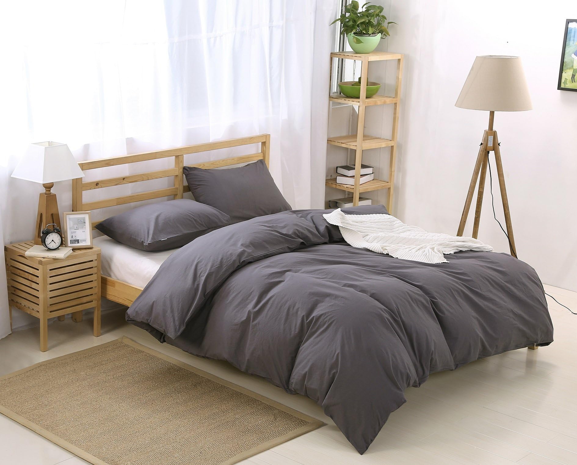 100-Percent Natural Washed Cotton Duvet Cover Set, Ultra Soft and Easy Care, Fade Resistant, Queen/Full, Dark Grey (Comforter Not Included)