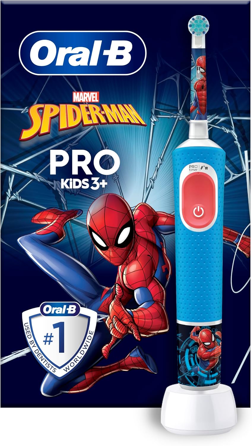 Oral-B Pro Kids eltandborste, 1 handtag med Marvel Spider-Man, 1 borsthuvud, Designed By Braun, Från 3 år