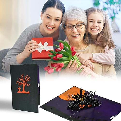 Miniatura 2 de Tarjeta de felicitación desplegable 3D de Halloween – Tarjeta emergente de casa embrujada con sobre para mamá, papá, abuela, abuelo, hermana..