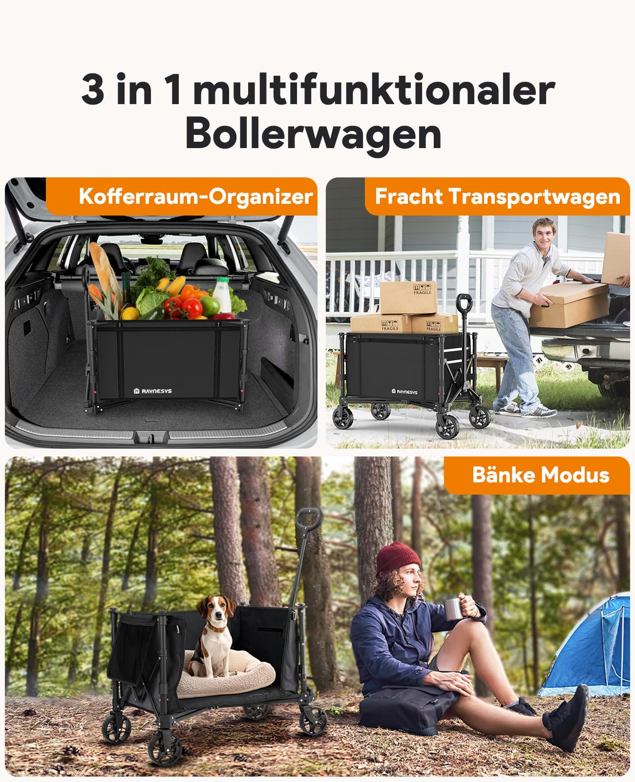 3 in 1 Bollerwagen Faltbar 120L, Klappbar Handwagen mit Rädern, 220lbs Transportwagen Faltbar, Umbaubar in Eine Bank, Einkaufstrolley Klappbar Allzweckwagen für Sport Camping Garten Strand,Tiefschwarz