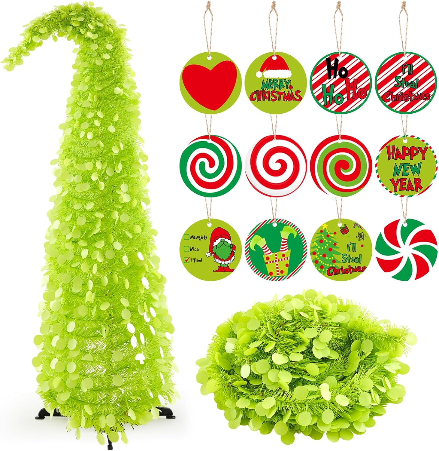 Syhood 5ft Bendable Christmas Tree Pop up Collapsible 1 Minute Christmas Tree with 36 Wooden Ornaments for Indoor Outdoor Home Office Holiday Xmas Party Decor Supply