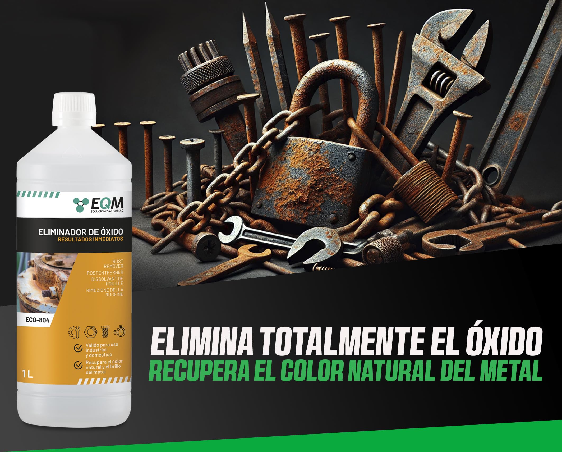 EQM - ECO-804 - Eliminador de Óxido Profesional - 1L - Remueve el óxido Completamente - Recupera el Color Original del Metal - Efecto inmediato — view 2