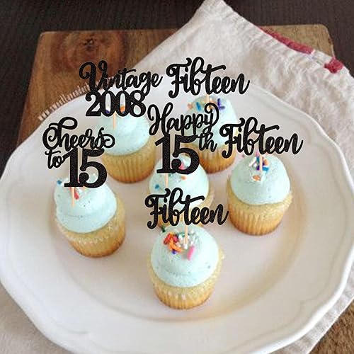 Miniatura 5 de 30 piezas de decoración para cupcakes con purpurina de 15 años con purpurina, 15 fabulosas decoraciones para tartas para felicitaciones a 15 años,