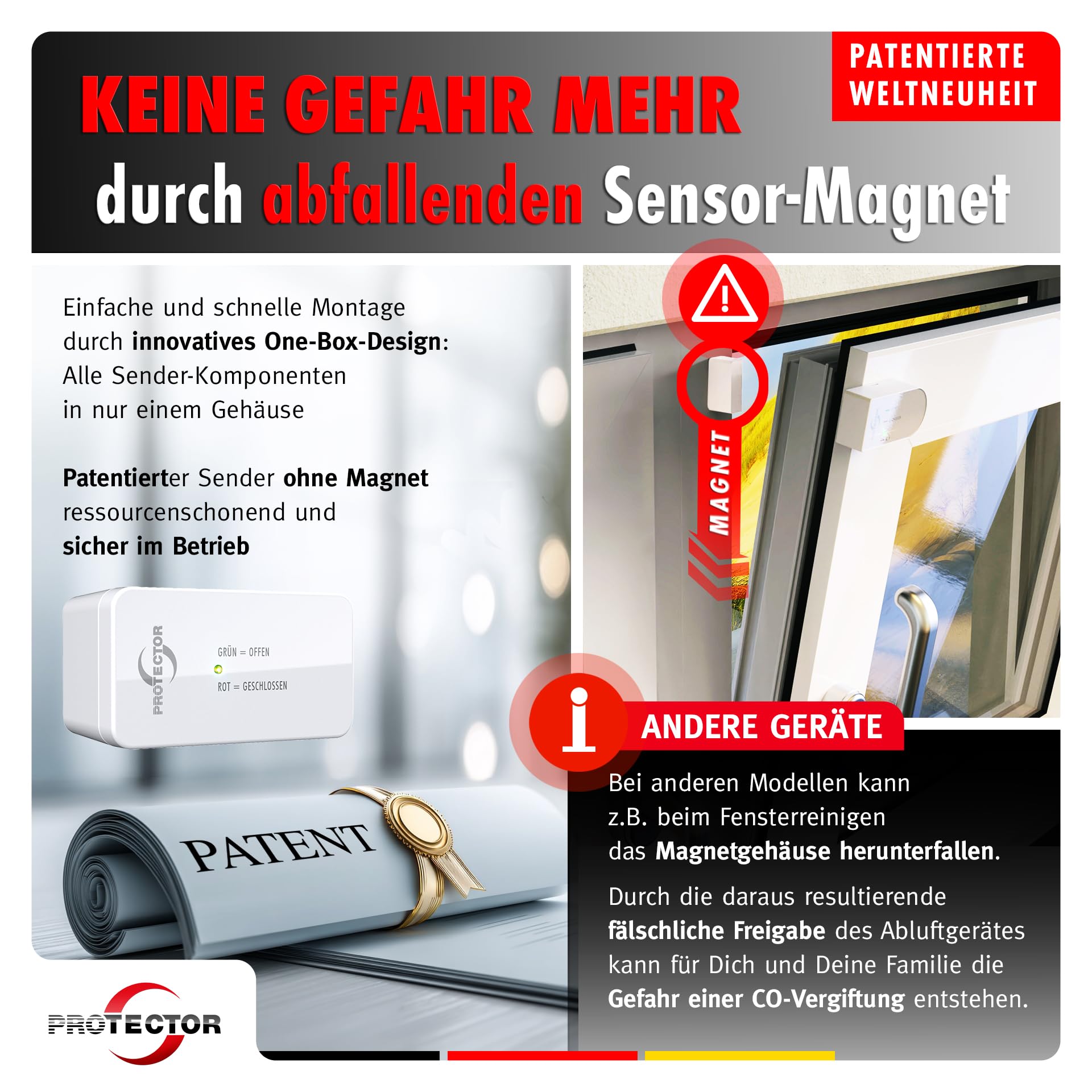 PROTECTOR Funk-Abluftsteuerung ASF-510 für Dunstabzugshauben – Mit neuem patentierten Fensterkontaktschalter ohne Magnet für mehr Sicherheit – Kabellose Installation – Fensterkontaktsensor