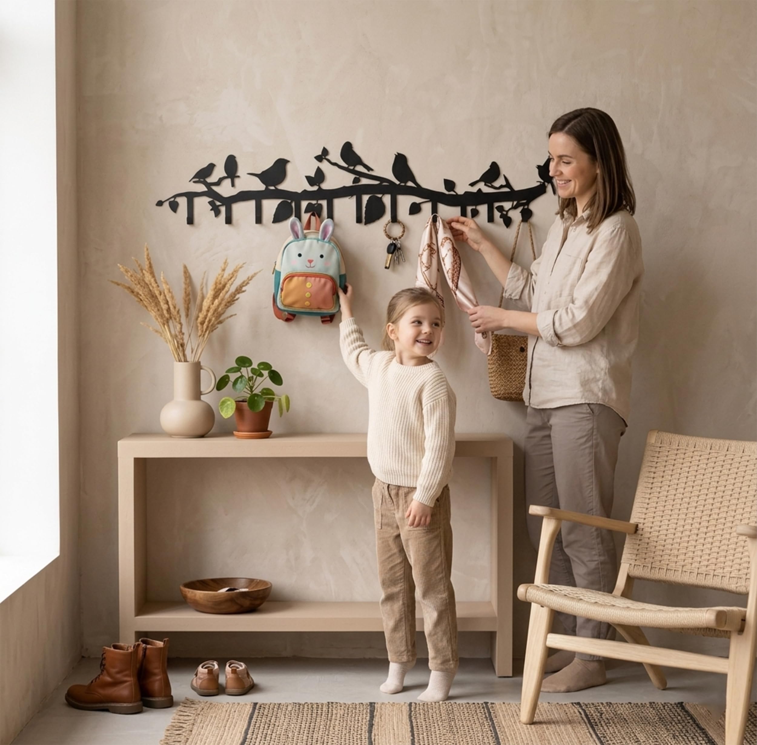 Dekadron Porte-manteau mural en métal sur le thème des oiseaux avec crochets pliants de 6 à 8 à 10 cm, support mural pour salle de bain, entrée, salon, chambre à coucher, crochets en métal, (100 x 21