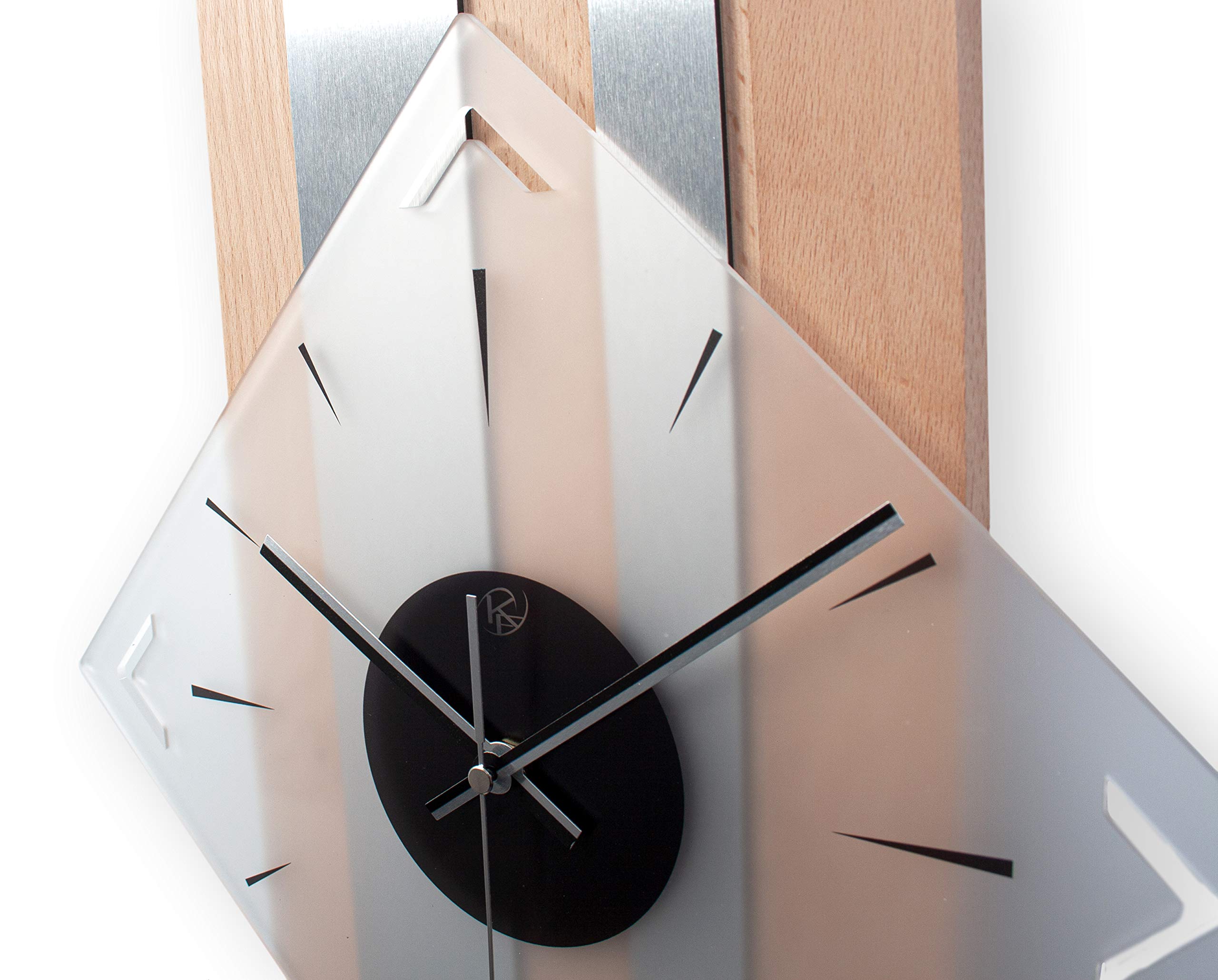 Kreative Feder Moderne Designer Holz Alu Wanduhr leise ohne Ticken 60x30cm (Buche, leises Quarzuhrwerk)