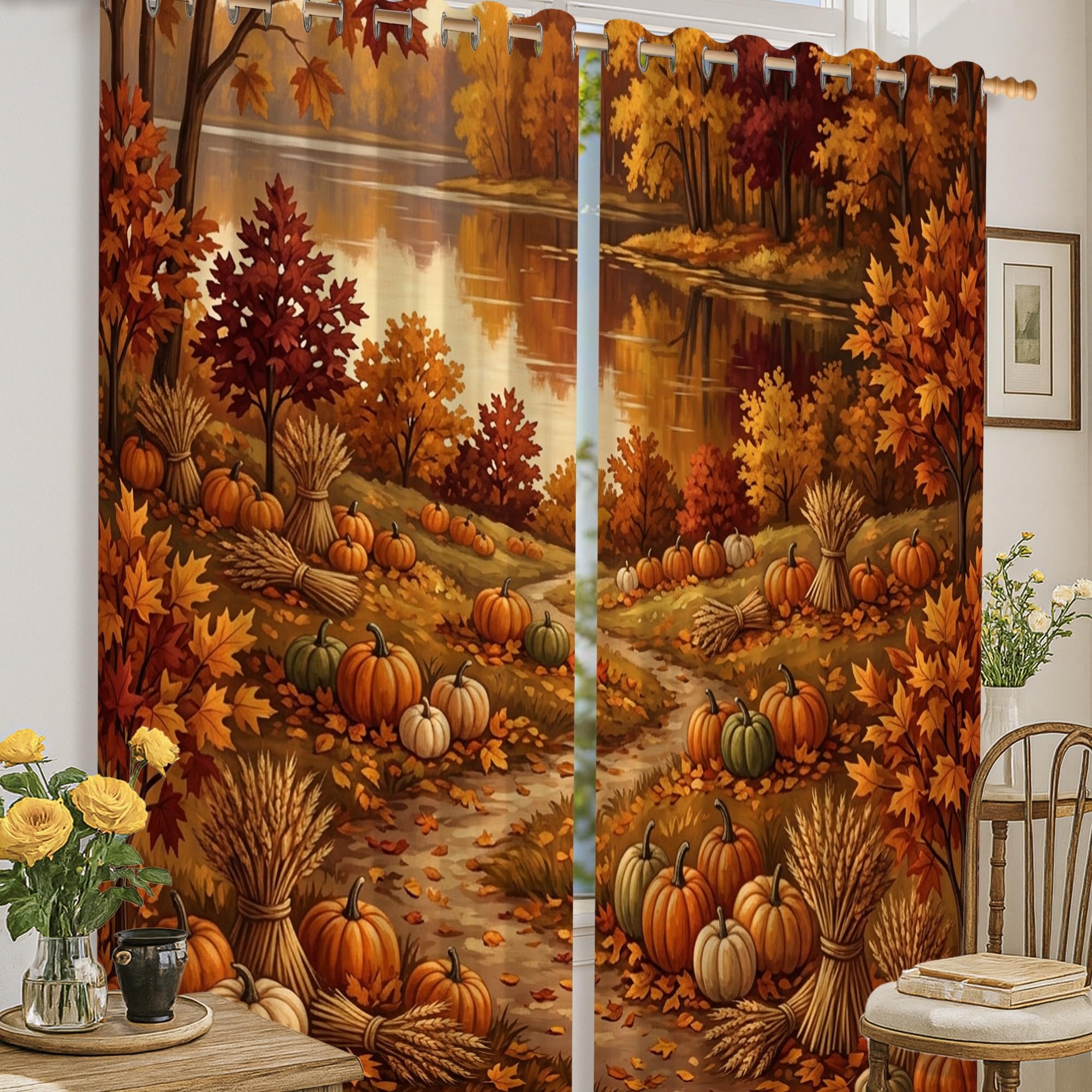 Rideaux occultants citrouilles et feuilles d'érable 132x160cm pour chambre d'enfant et bureau