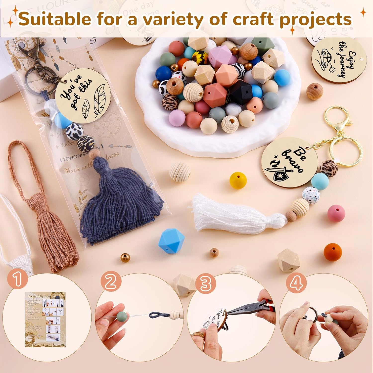 TOHONGADON 169 Pcs Silicone Beads for Keychain Making Kit, 15mm Rubber Round Beads, Hexagon Lentil Round Beads, Silicone Beads Kit with Encourage Round Wood Chips for Keychains Bracelet Making
