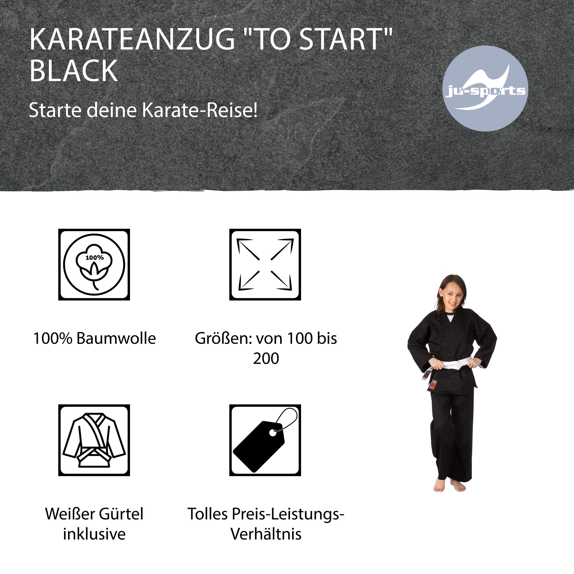 Ju-Sports to start Karateanzug Kinder & Erwachsene schwarz - Moderner, besonders leichter Karatekimono 100% Baumwolle, Ideal für Anfänger, Optimale Bewegungsfreiheit