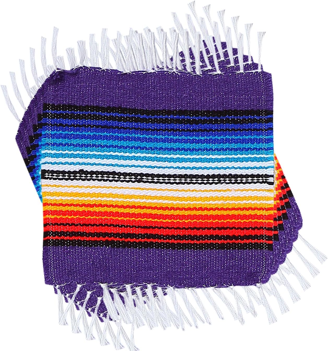 Free Shipping 🛒 Threads West Colorful Fringed Mexican Serape Place Mats and Coasters Designed in Traditional Mexican Serape Blanket Material. Set of 6 Placemats and 6 Coasters (Purple)