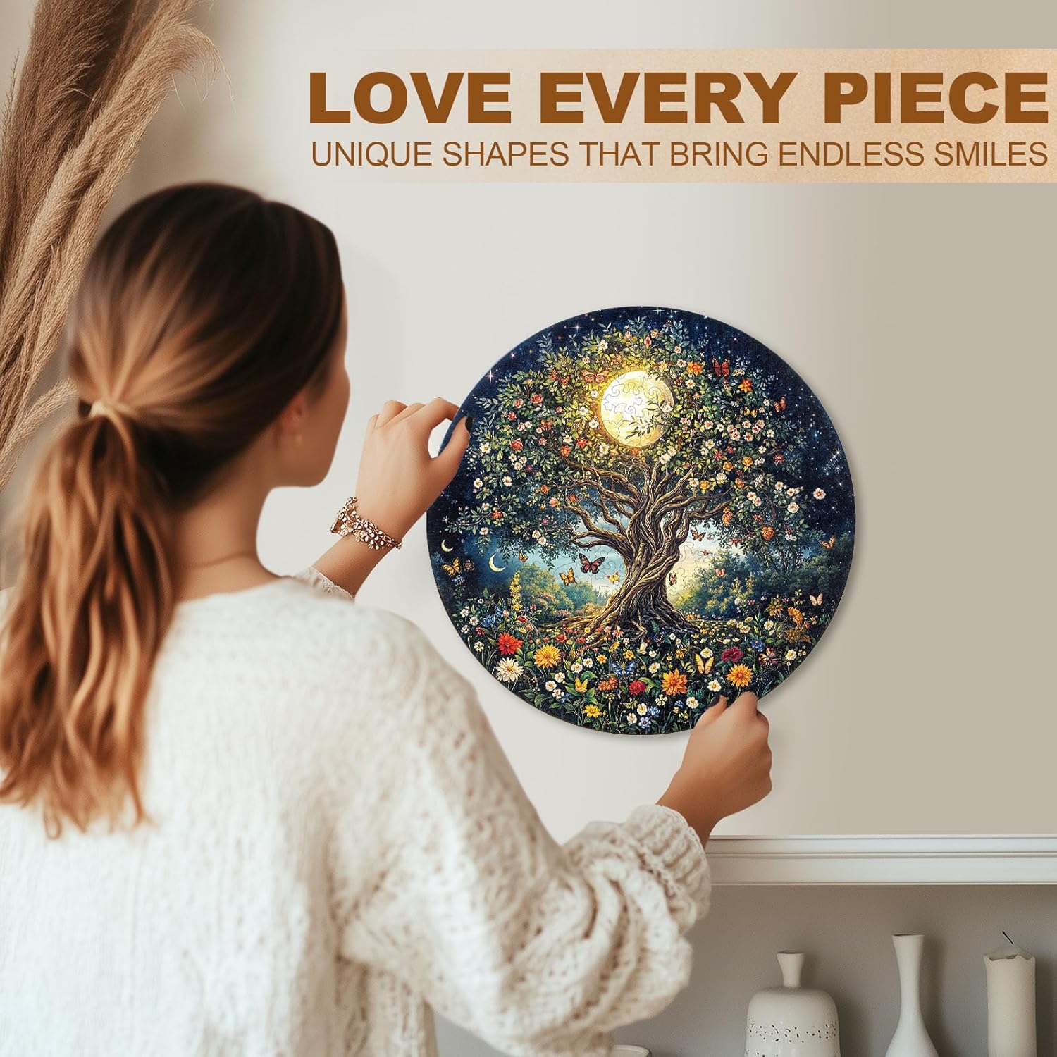 WOODBESTS Wooden Puzzles for Adults (270 Piece, L, 13.4 * 13.4in) Moon Tree Wood Puzzle Adult, Unique Wooden Animal Jigsaw Puzzles, Family Game and Birthday Gifts for Friend