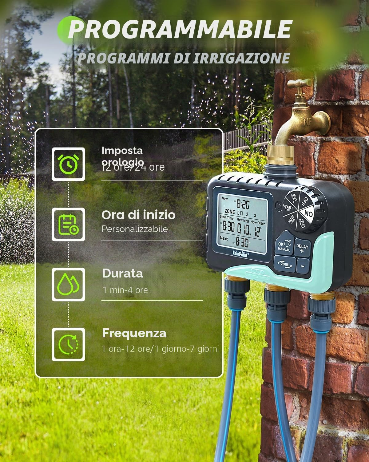 RAINPOINT Centralina Irrigazione 3 Uscite Con Ampio Display Lcd, ingresso e uscita in ottone, Timer Irrigazione Automatico Con Modalità Di Ritardo Pioggia/Manuale/Automatica per Prato Da Giardino
