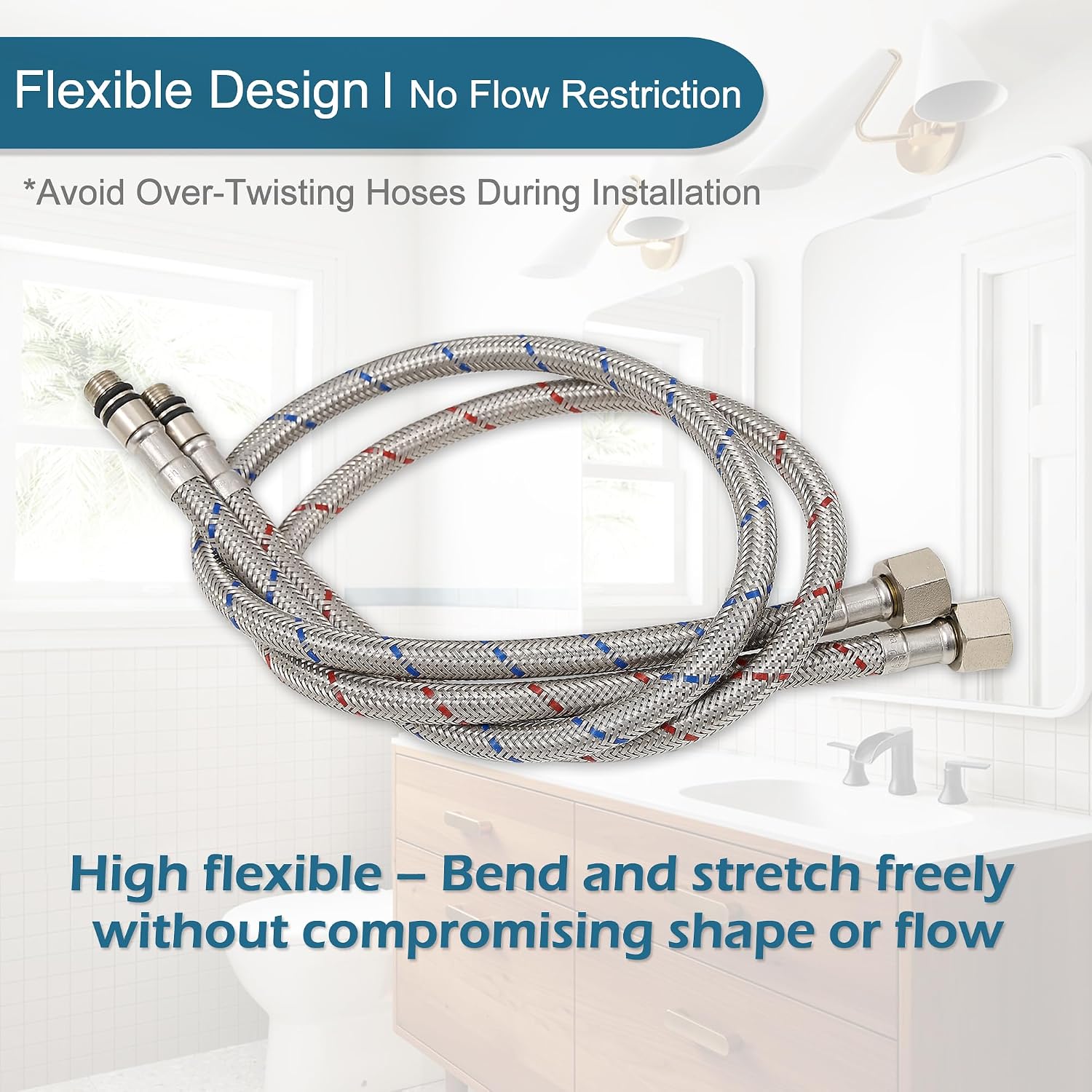 30 Inch Faucet Supply Lines, Bathroom Kitchen Water Supply Line 3/8" Female Compression Thread x M10 Male Connector, Braided Stainless Steel Water Hose for Sink Faucet with 1/2” Adapter (1 Pair) image 4