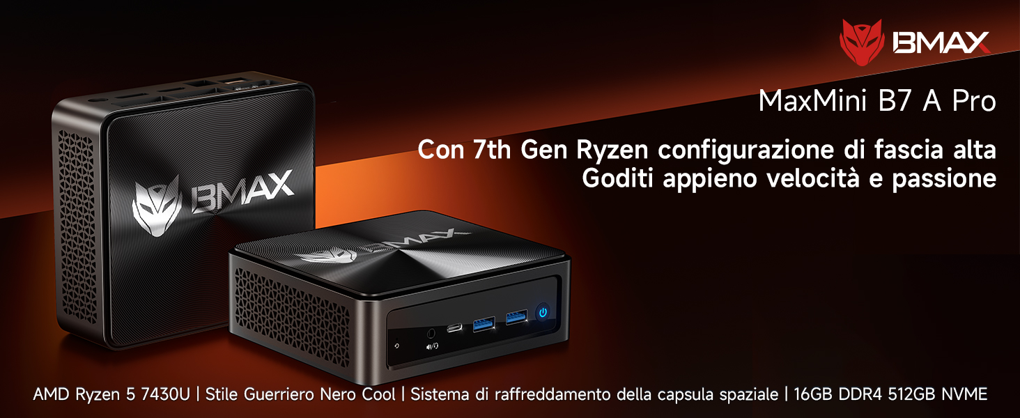BMAX B7Apro Mini PC AMD Ryzen 5 7430U(6C/12T,Fino a 4.3 GHz), Mini