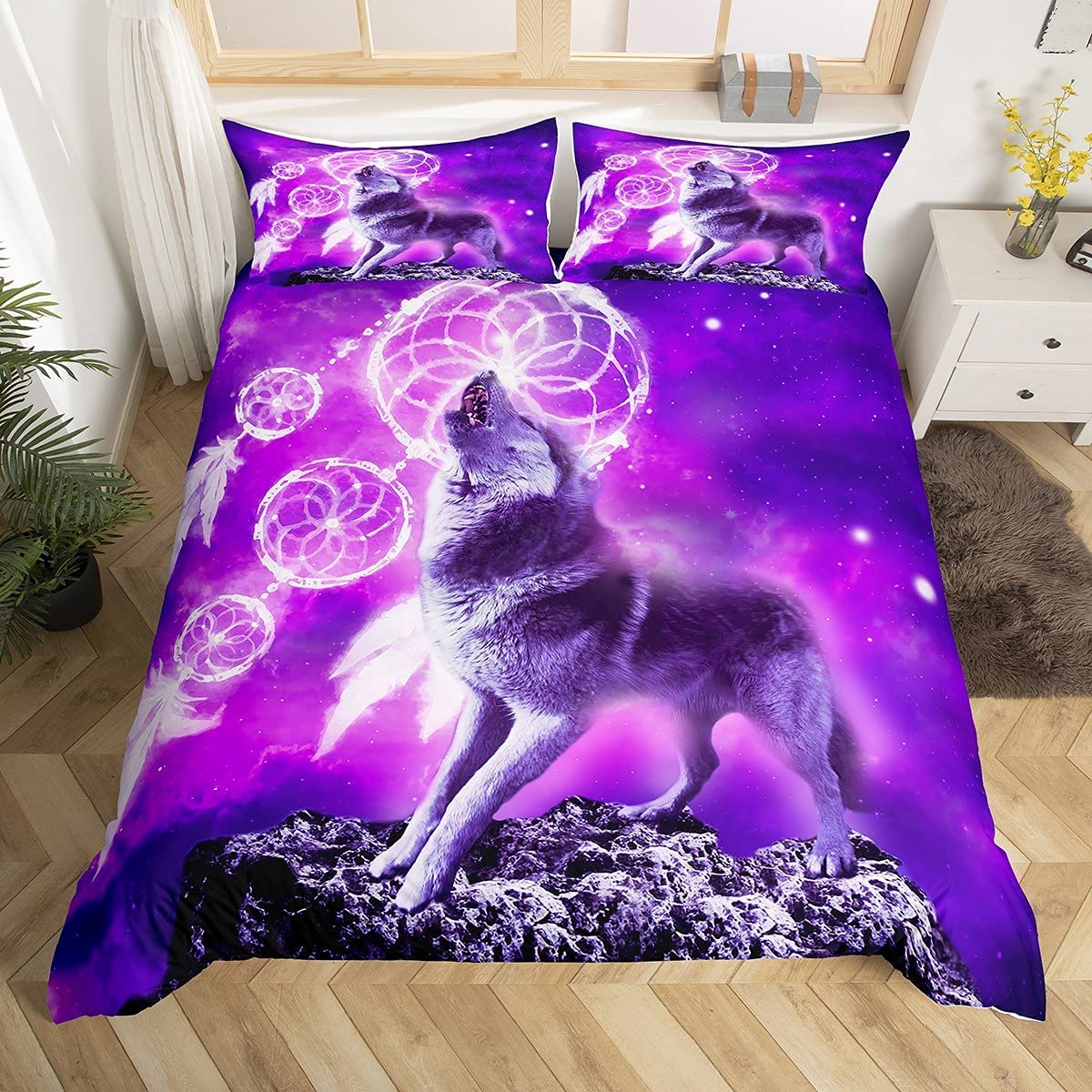 Wolf Dreamcatcher Bedding Duvet Cover Set Single Galaxy Animal 3D Wolf Printed Bedding Set for Adult Kids Bedroom Modern Decorative Soft Microfiber Exotic Style Bohemia Comforter/Quilt Cover