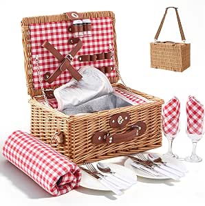 Willow Picnic Basket with Blanket for 2, Insulated Wicker Picnic Set with Cooler, Plates, Wine Glasses, Cutlery & Napkins, Romantic Outdoor Hamper