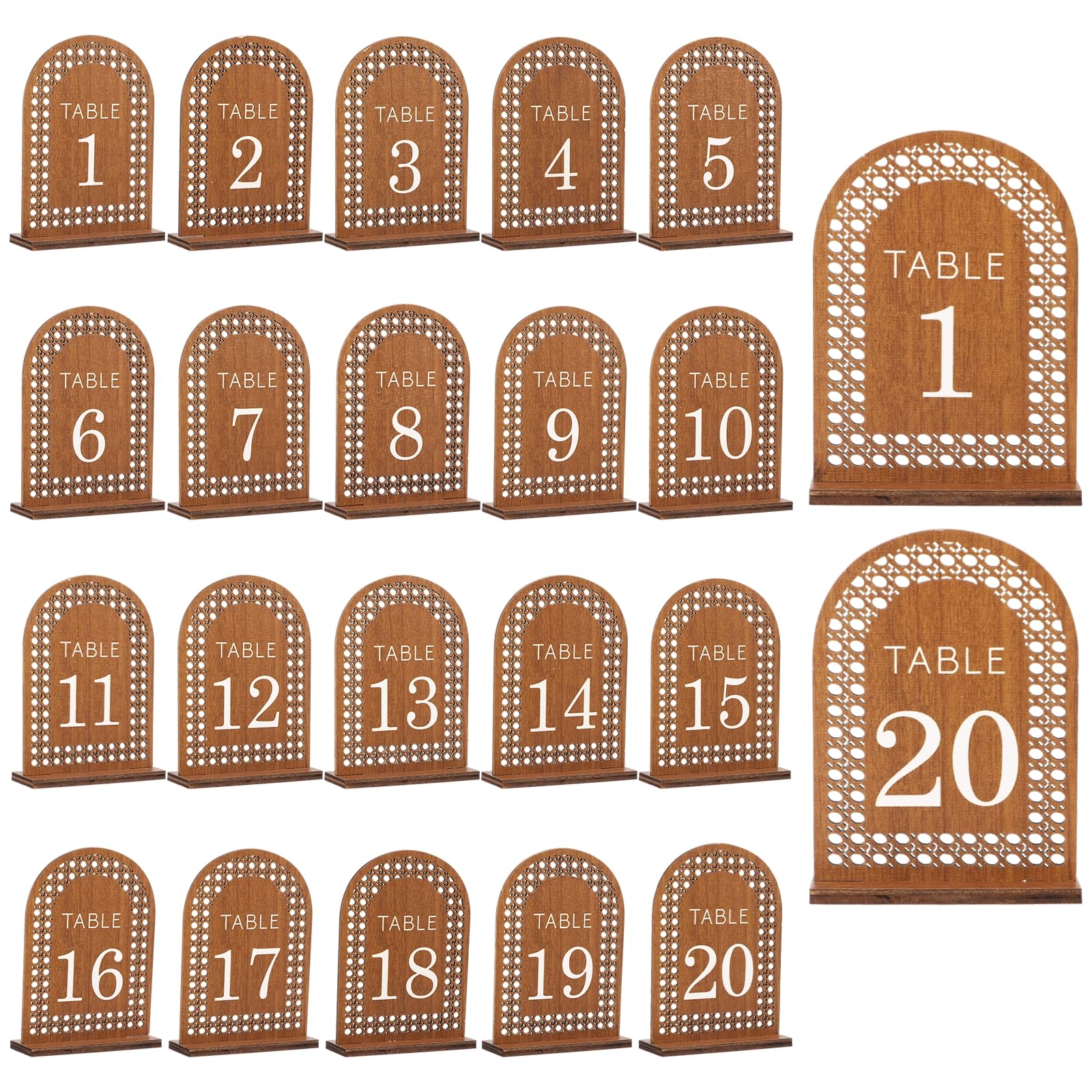 20 letreros de madera para arco de mesa, números del 1 al 20 arco, placas de números de mesa de boda con base de madera, letreros de boda de madera para mesa, banquete, restaurante, decoración de