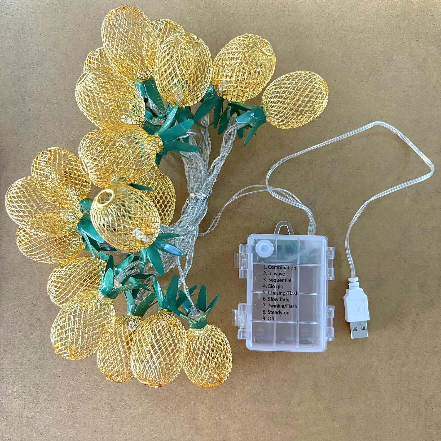 Metal Pineapple Decor String Lights, 10 Ft 20 LEDs Fruit Night Lights USB Or Battery Powered for Summer Home Party Supplies Thanksgiving Christmas Decoration (Pineapple)