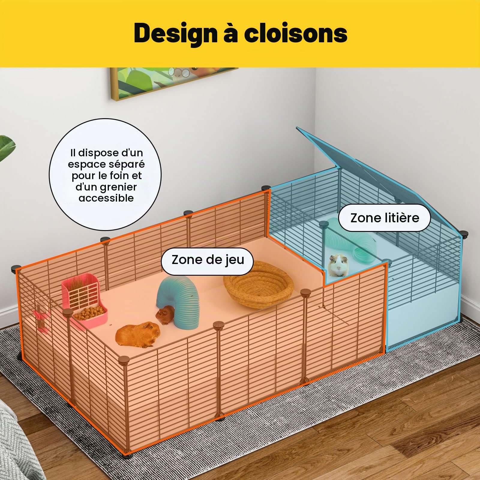 Oneluck Eiiel Cage d'intérieur pour Cochon d'Inde, avec Fond en Plastique imperméable, Parc pour Petit Animal de Compagnie, Lapin, Tortue, Hamster, Cage de séparation