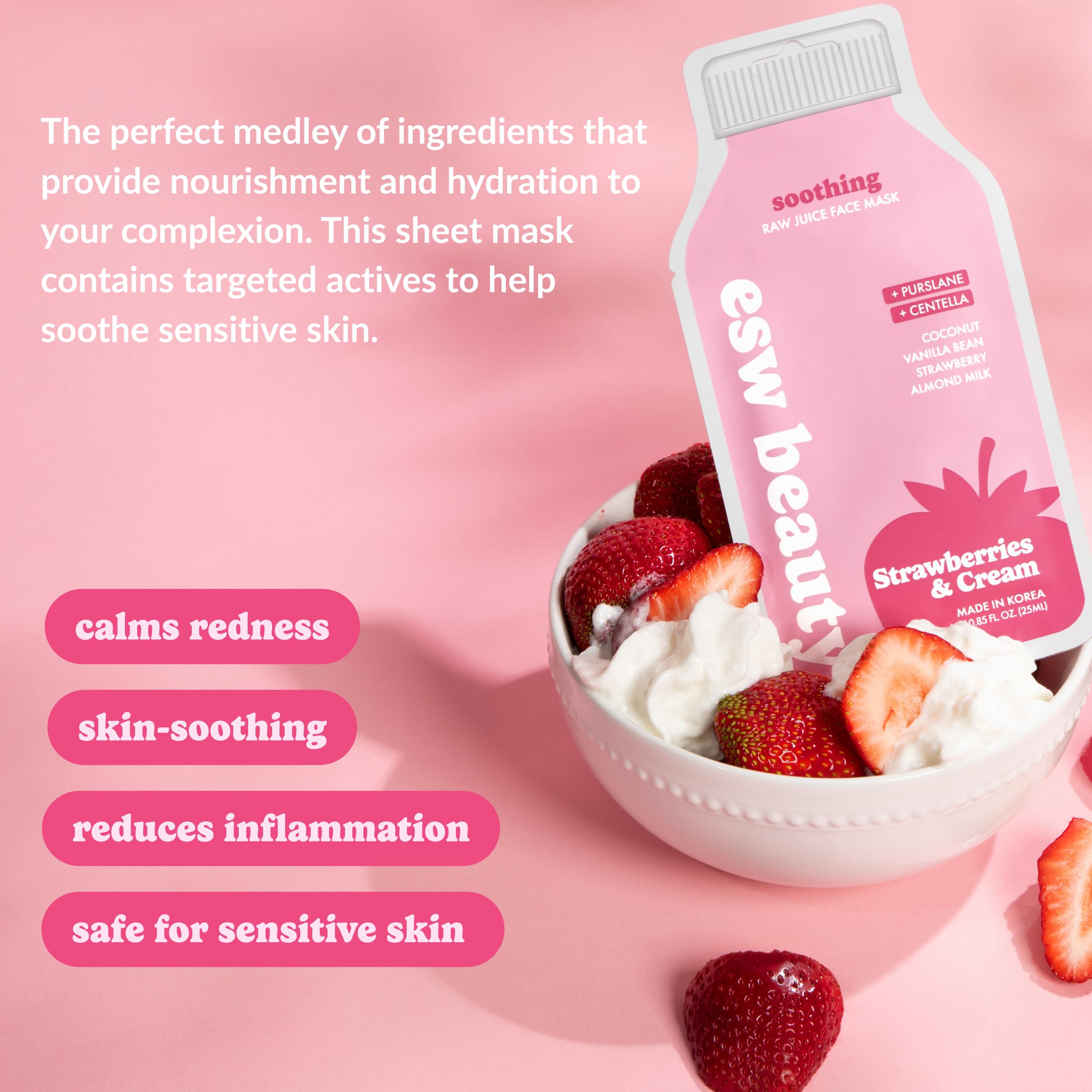 ESW Beauty Strawberries & Cream Soothing Korean Face Mask – Vitamin C, Centella & Vitamin E for Sensitive Skin, Hydration & Barrier Support – Skincare Gifts for Women