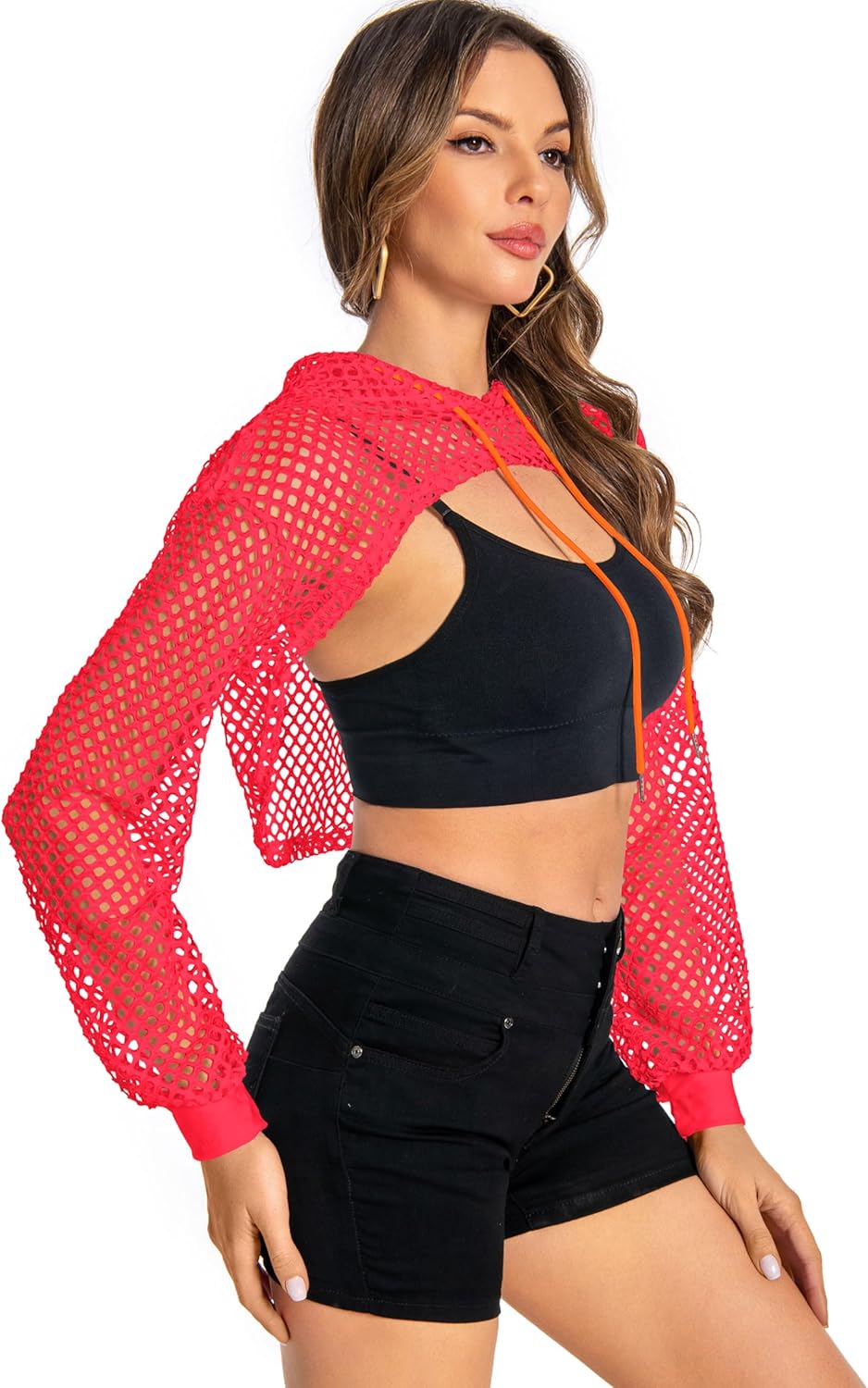 Women Mesh Crop Top Hoodie Fishnet See Through Long Sleeve Shirt Sheer Blouse for Club Party - Image 2