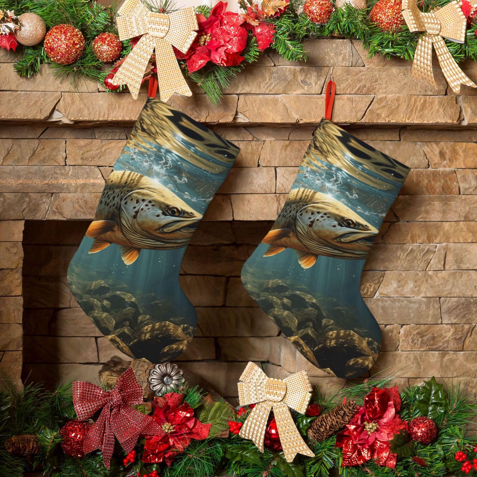 Fodpand Boys Black Fish Christmas Stockings Hanging Ornaments For Holiday Decor, 18 Inches Velvet Fireplace Hanging Xmas Stocking, Candy Gift Bags For Christmas Decorations