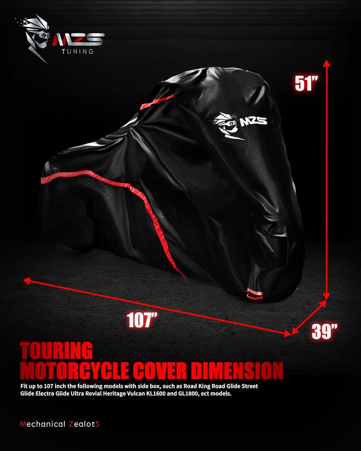 MZS Motorcycle Cover Waterproof Outdoor, 420D All Season Weather Touring Protection Cover Storage fit up to 107" Compatible With Road King Electra Street Glide Ultra Revial Heritage Vulcan Wing