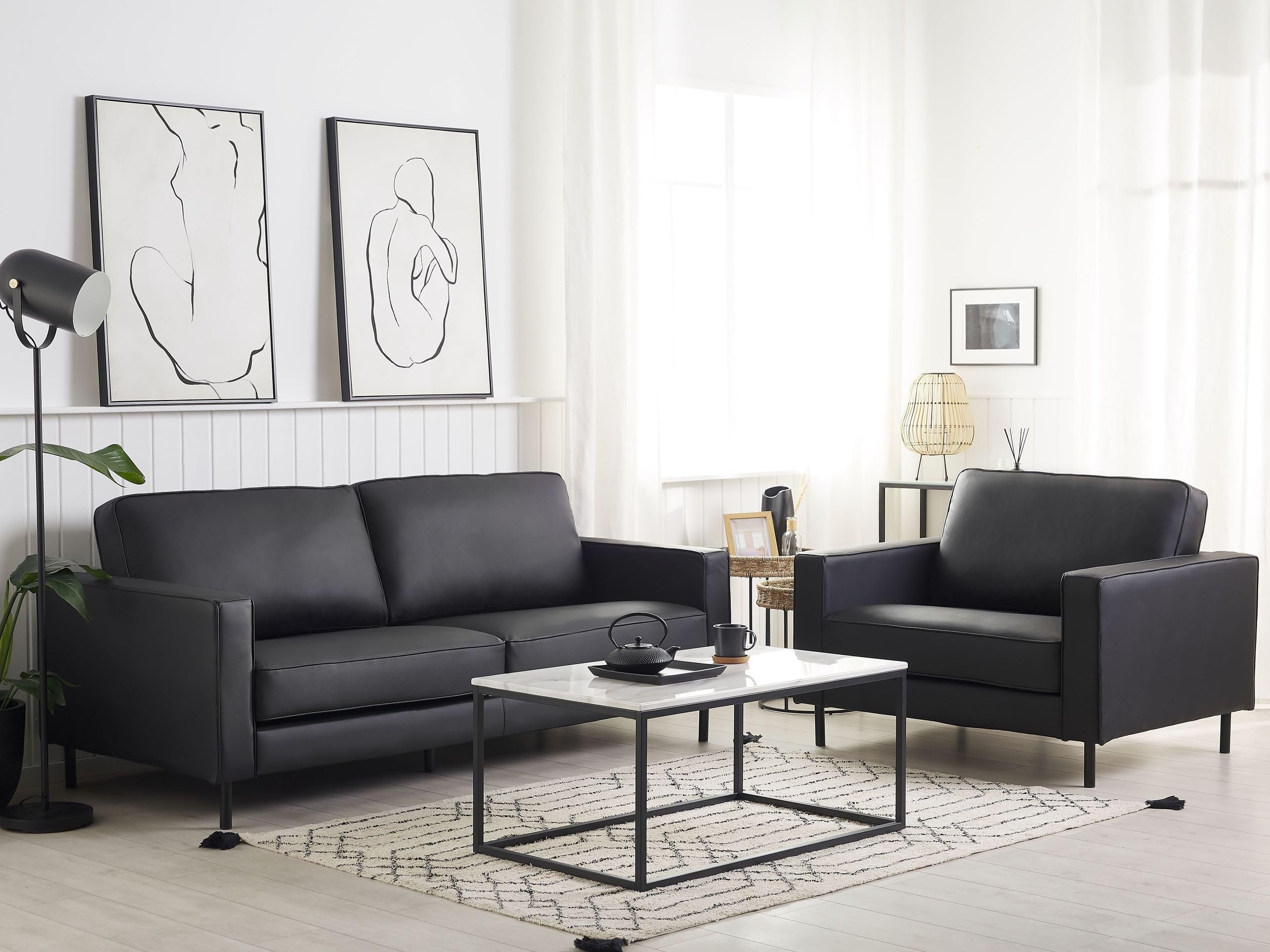 Wohnzimmer Set Sofa Sessel Leder moderne Wohnzimmermöbel in Schwarz Savalen