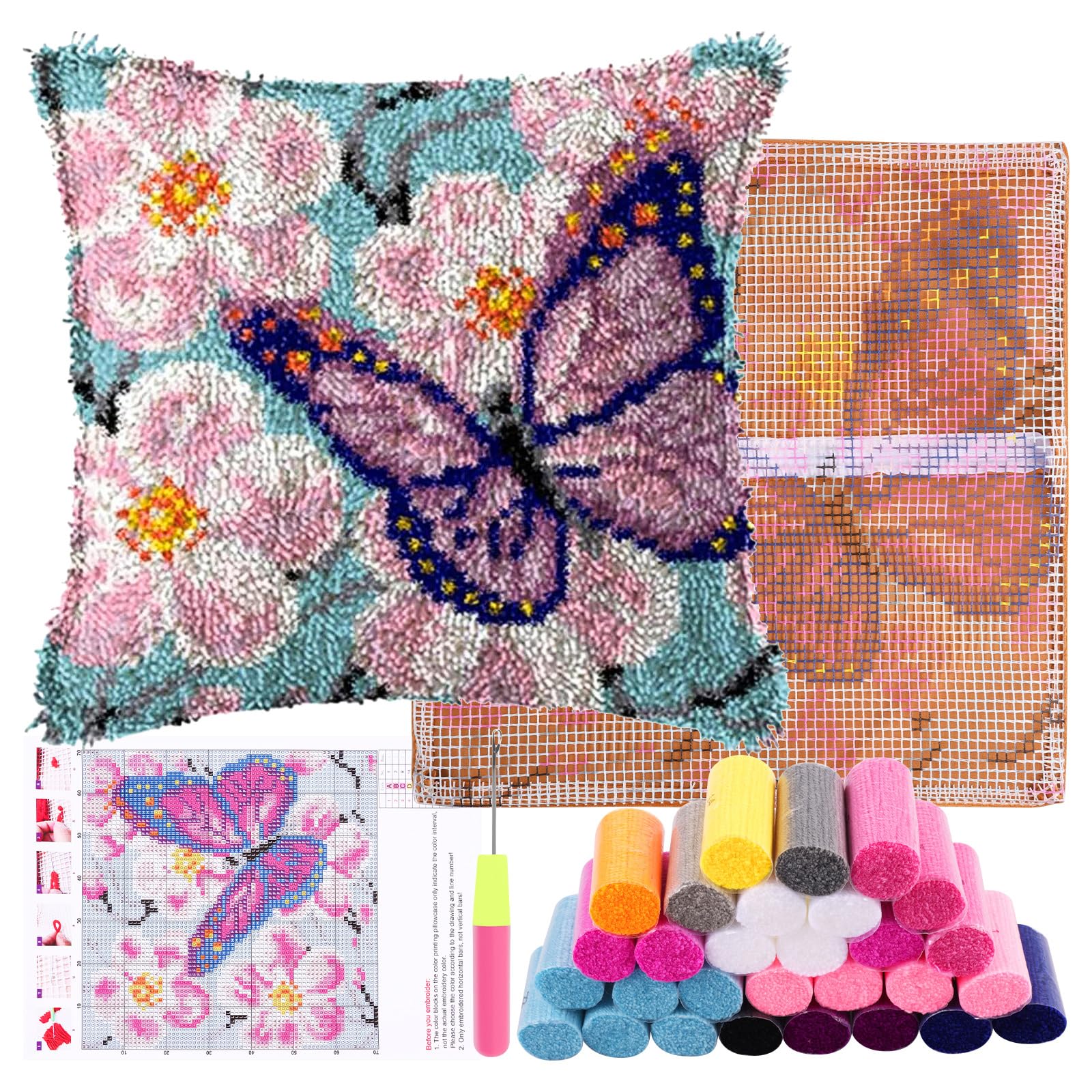 DIY Latch Hook Kits for Adults, Latch Hook Pillow Kit with Printed Butterfly in Flowers for Beginners (17x17 inch),Simple Cushion Making Kit Embroidery Pillowcase,Handmade Present for Home Sofa Decor