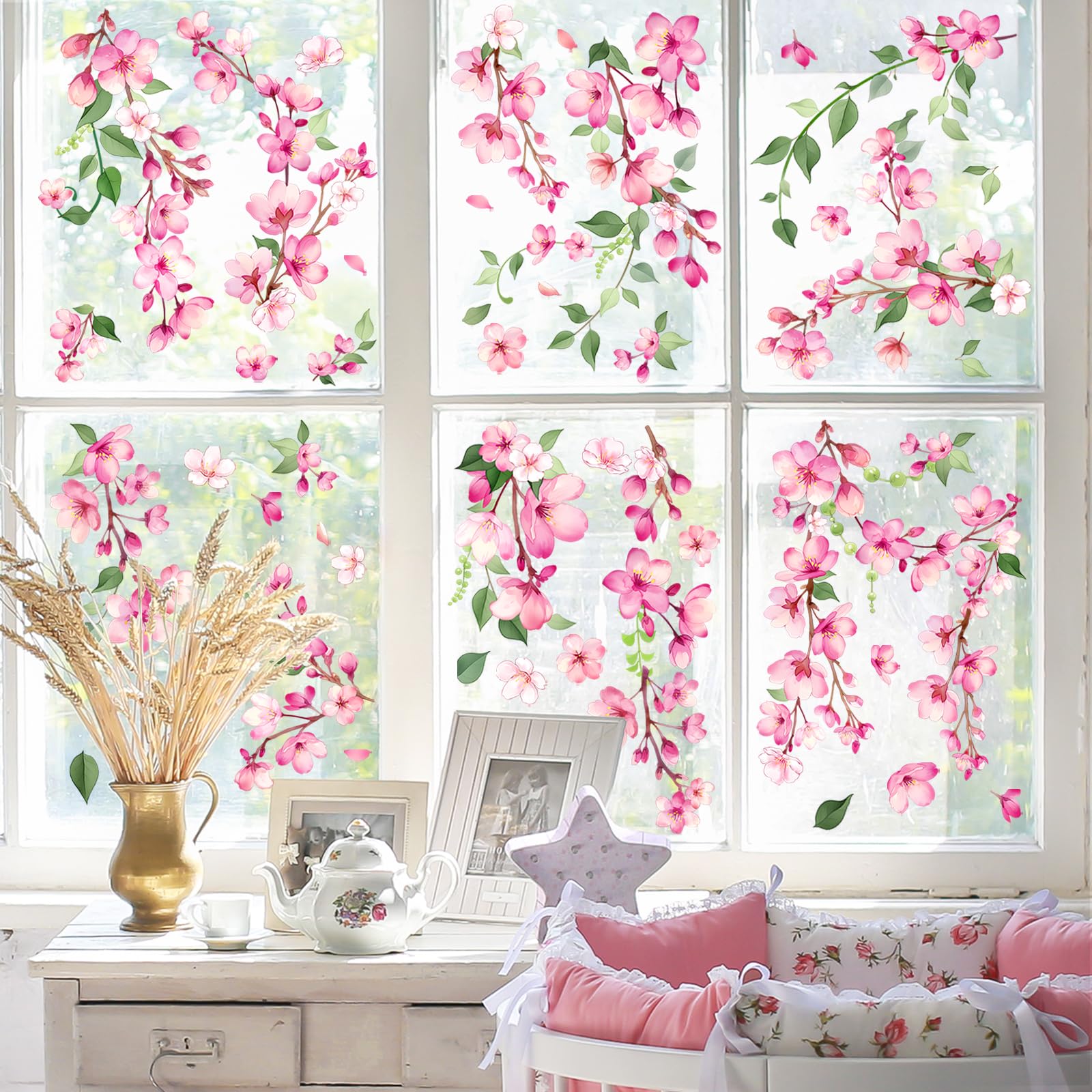 Quadri Per Finestra Primavera – 9 Pz Adesivi Floreali 30x20 Cm, Elettrostatici, Riutilizzabili, Decorazione Vetro
