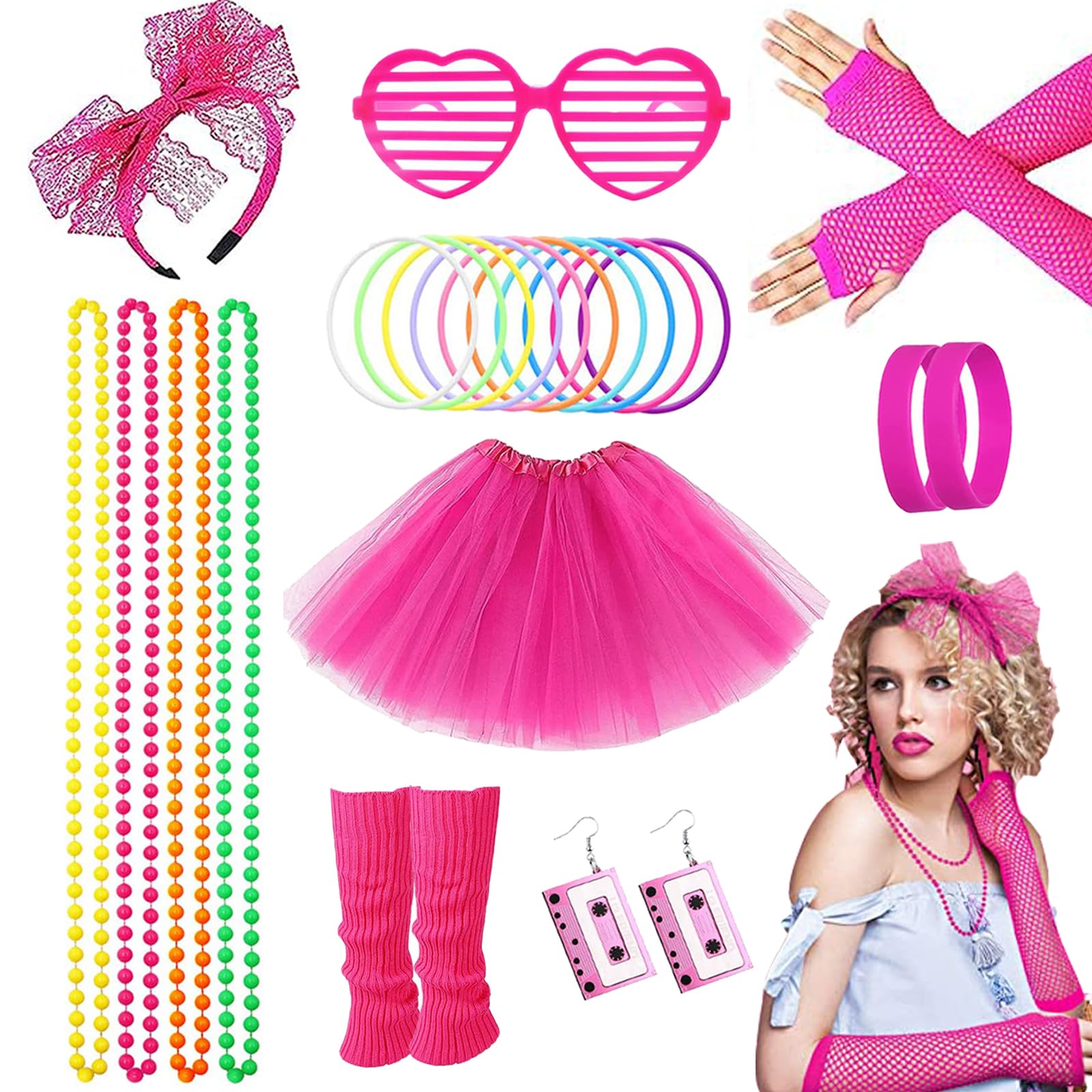 80s Fancy Dress Costume Accessories Se for Women Girls Rainbow Tutu Skirt Leg Warmers Fishnet Gloves Glasses Earrings Bracelet Necklace Headband, Retro Outfit for 80s Party, Dress up Day