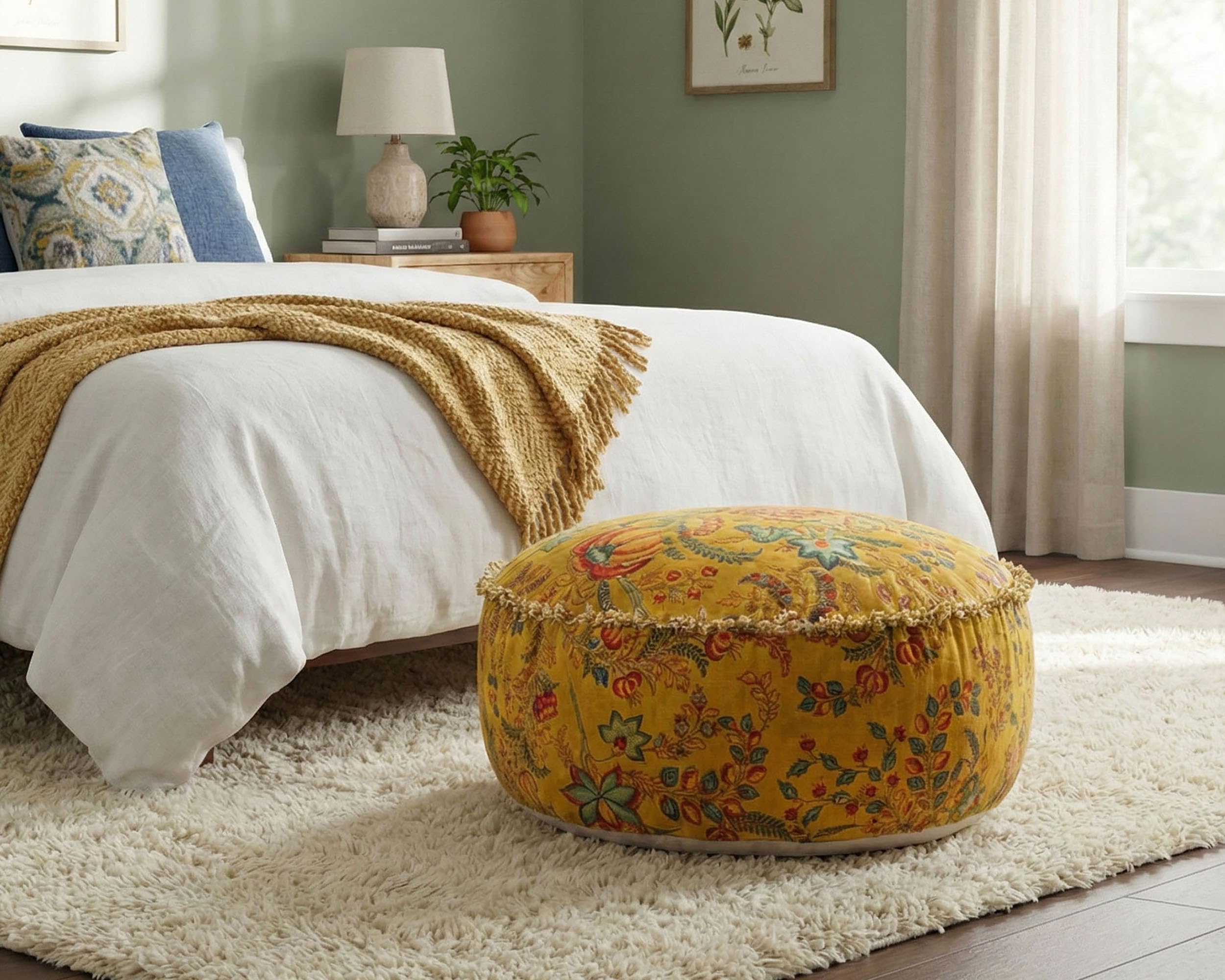 Mandala Life ART Housse de Pouf Rond Orange avec Broderie en Velours - Coussin de Sol Doux brodé au Design marocain, 60 cm de diamètre, idéal pour Le Salon, la Chambre ou la Salle de méditation