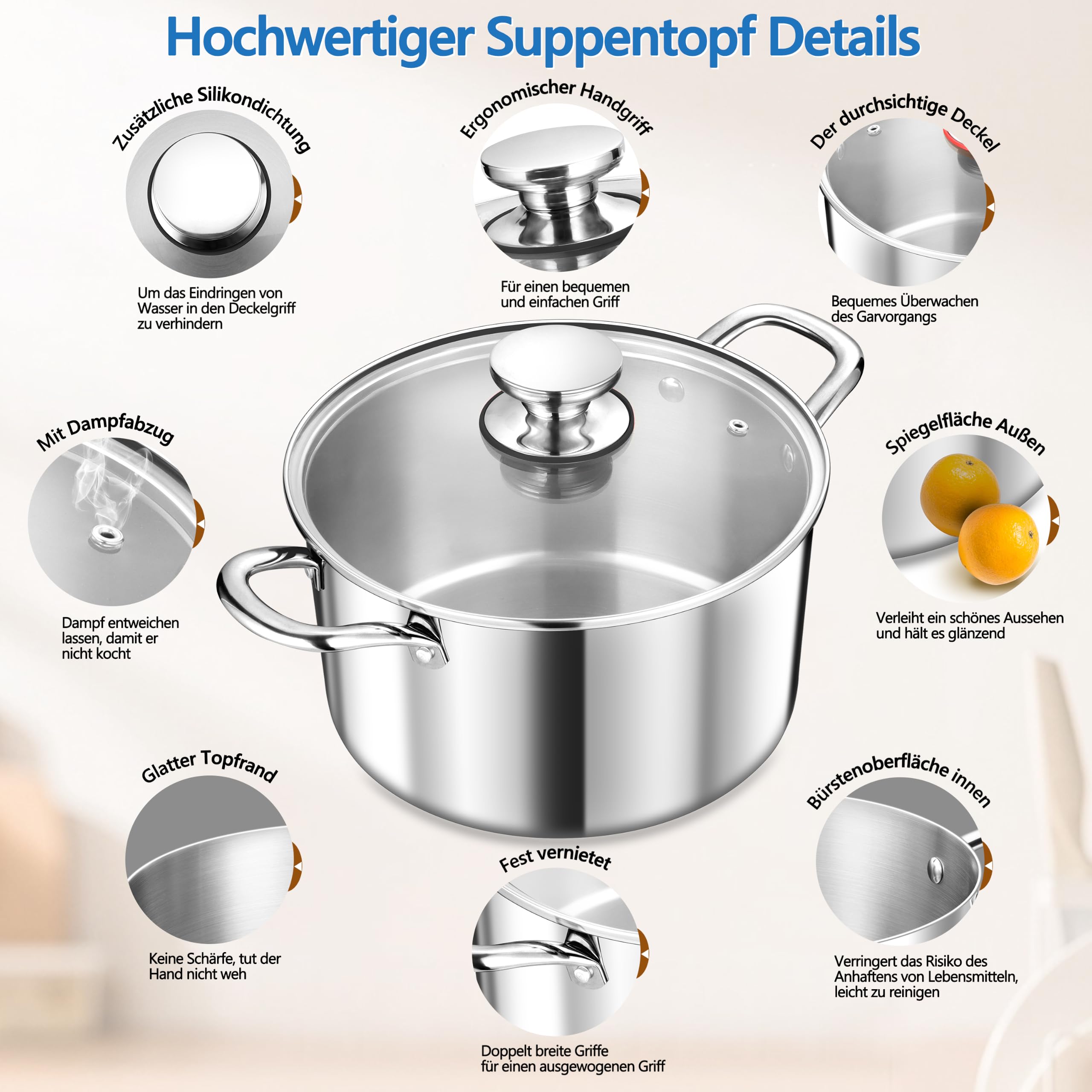 TEAMFAR Olla grande de 24 cm, 3 capas de acero inoxidable de 5,7 l, olla con tapa de cristal para todo tipo de cocinas, olla de sopa para pasta de inducción, acero inoxidable pulido y sin