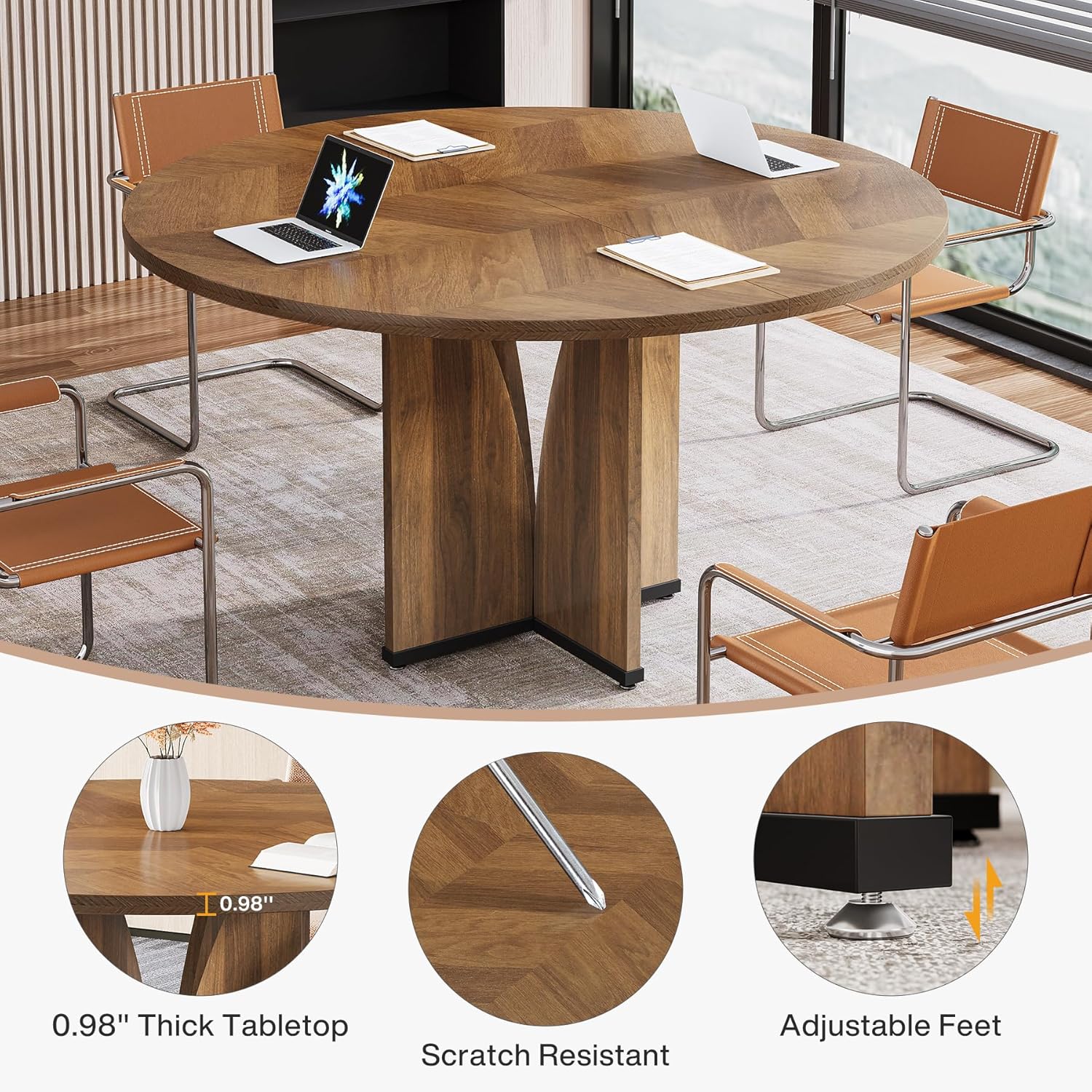 Tribesigns 39" Round Conference Table for 4, Wooden Meeting Table for Training & Seminar, Modern Small Office Table for Negotiation, Multi-Purpose Business Tables for Conference Room (Brown)