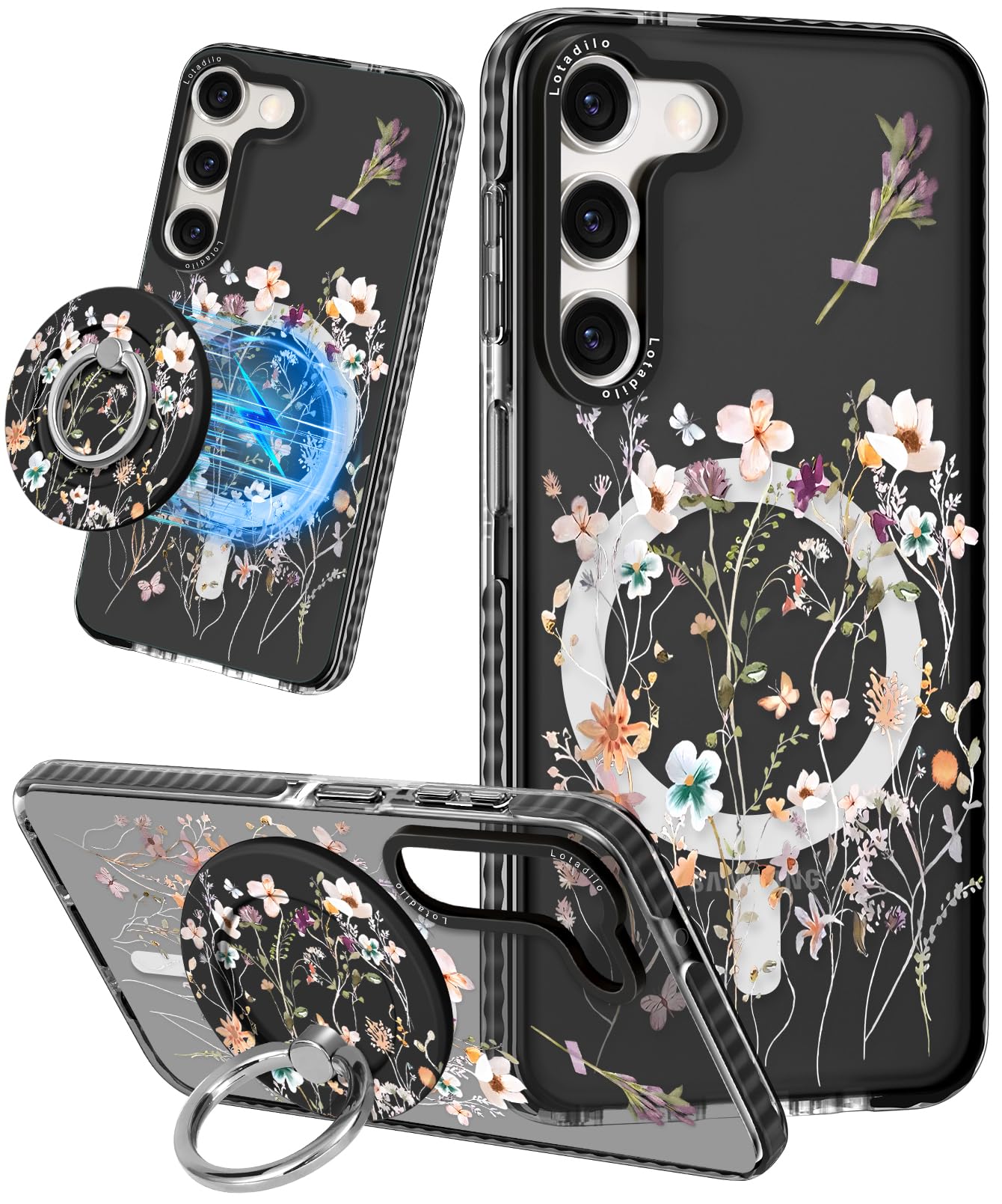 Lotadilo for Samsung Galaxy S23 Case for Women - Girls Cute Design Compatible with Magsafe Magnetic Ring Holder Stand Foral Flower Phone Covers