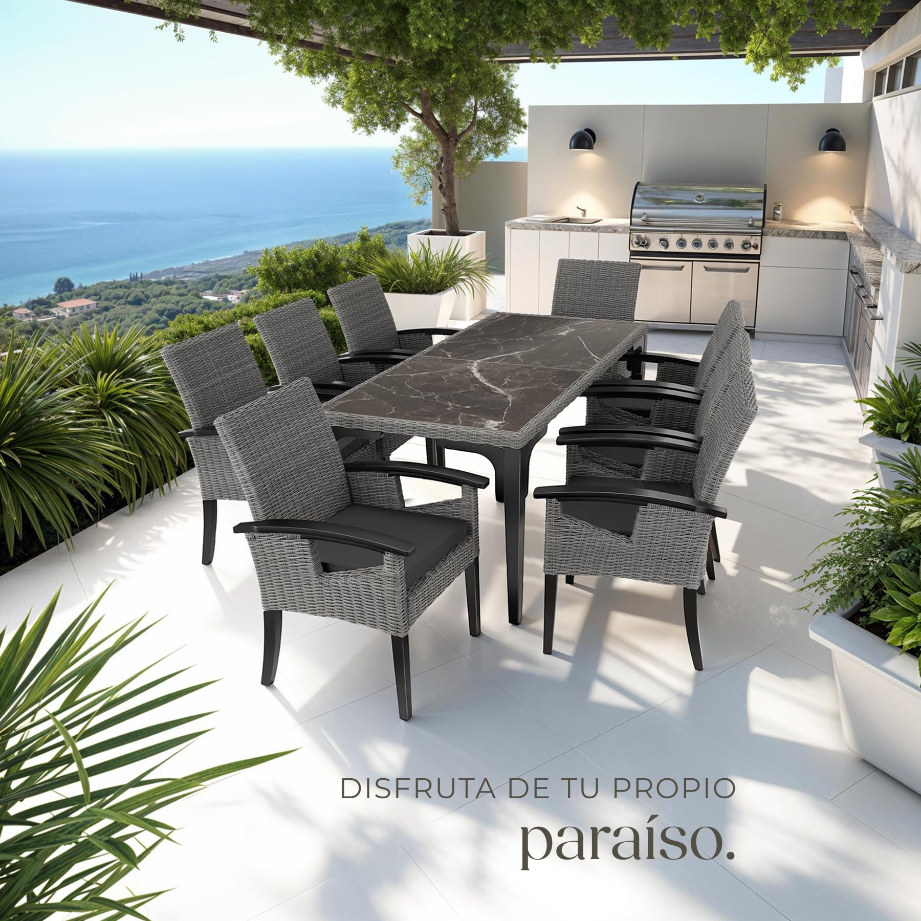 tectake® Silla de Ratán con Patas y Reposabrazos en Madera, Muebles Jardín Exterior Resistentes a la Intemperie, Silla para Conjunto Jardín Exterior, Cojín Lavable y Extraíble, Fácil Montaje - Gris