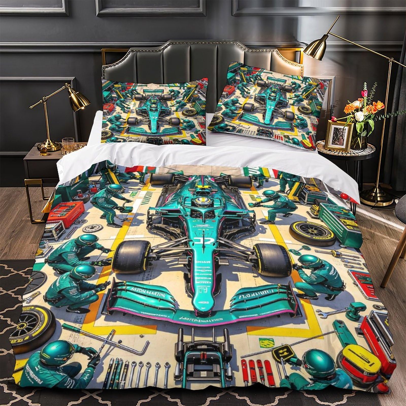XiaopangXY Single（140x200cm） Astonmarting Racing Quilt Cover Set with Hidden Zipper, Pit Stop Duvet Cover Set with Pillowcases Soft Microfiber Luxury Pit Stop Bedding Set