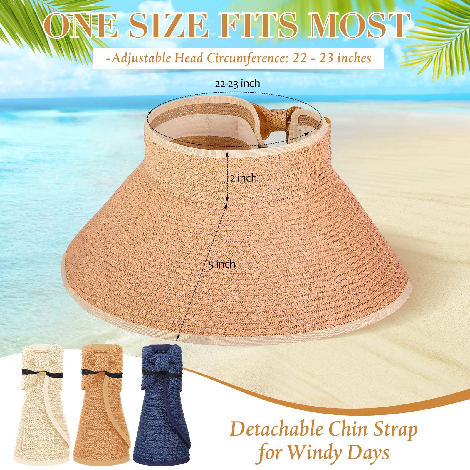 6 piezas de sombrero de paja plegable de verano para playa, visera ancha para cola de caballo para mujer, gorras ajustables para niñas de viaje, Colores clásicos 2