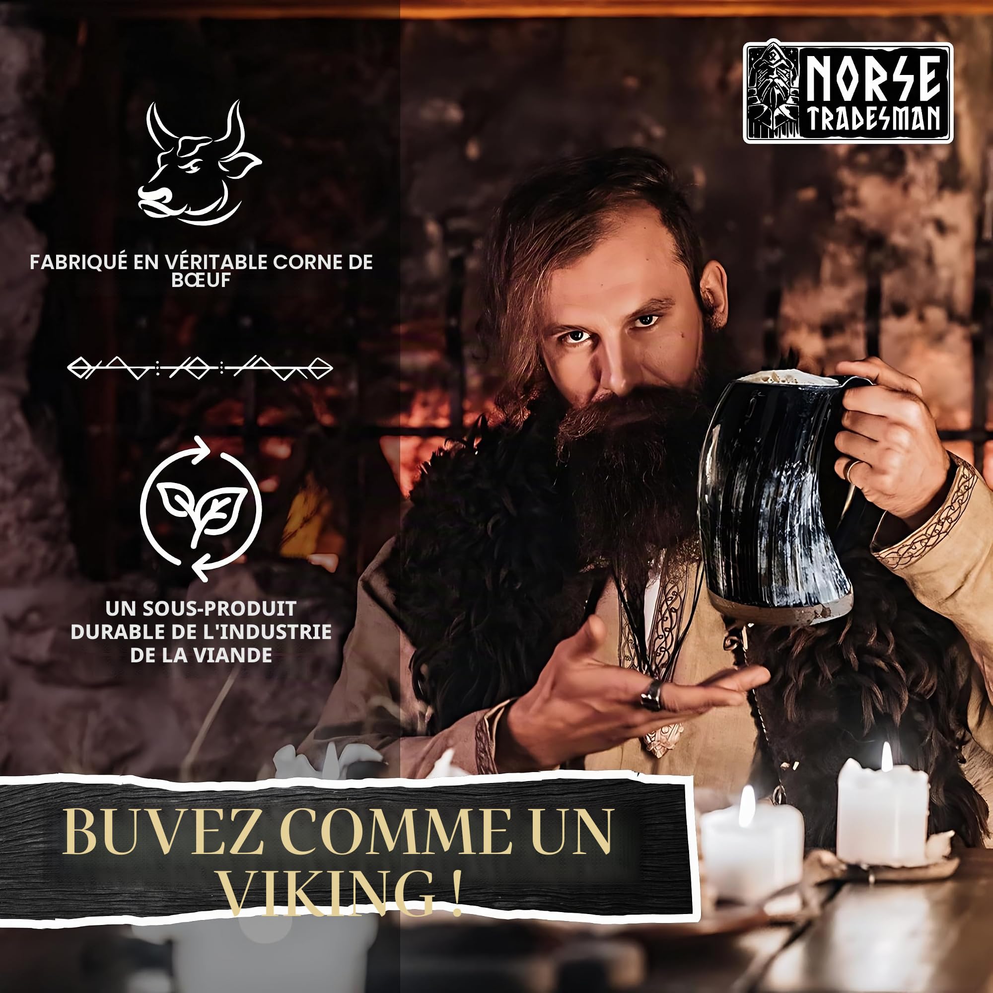 Norse Tradesman LG Viking Tasse en Corne à Boire – Chope en Corne de bière 100% Authentique traitée à la Flamme avec gravures | Le Pot, env. 1 Pinte