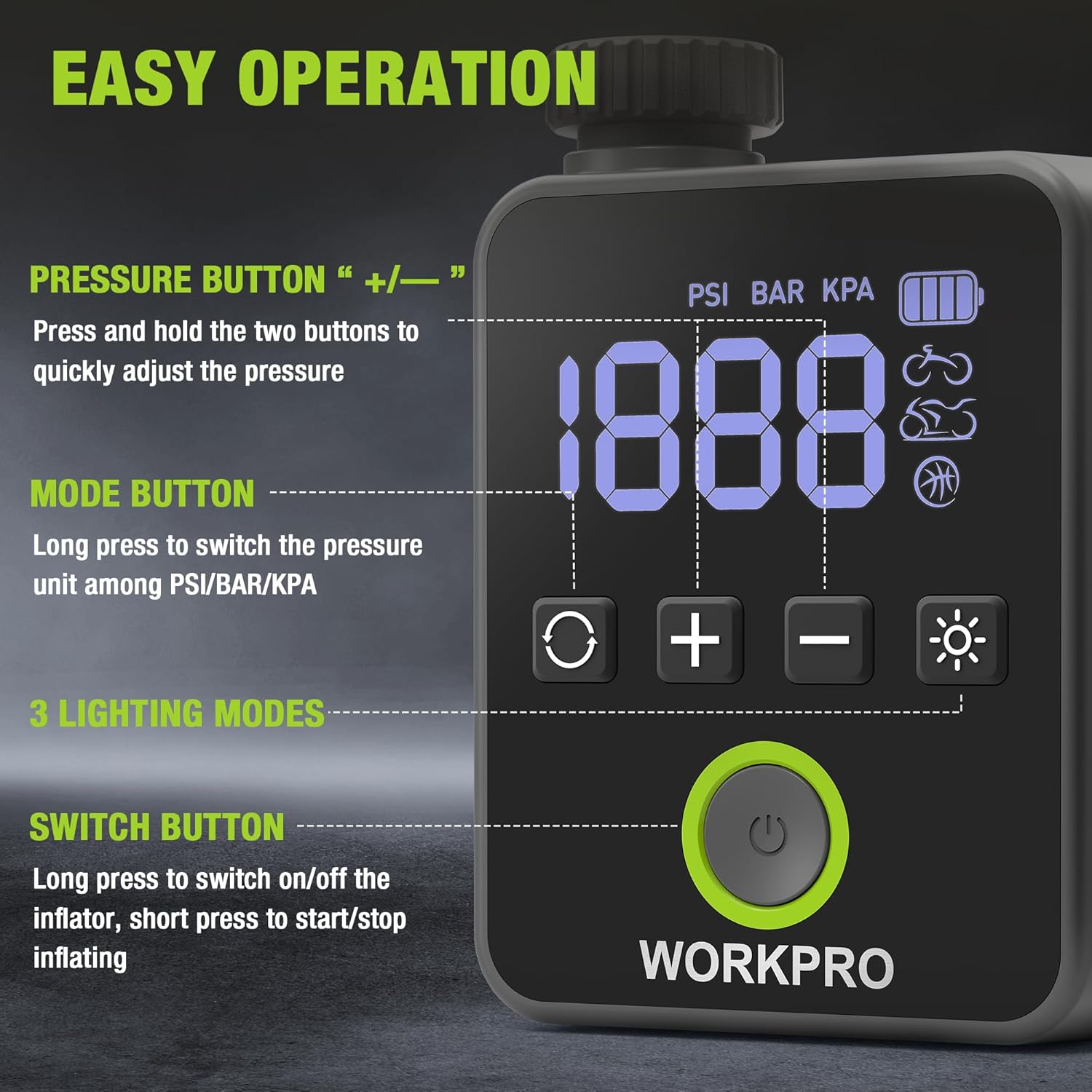 WORKPRO Mini Electric Bike Pump, 140 PSI Portable Bicycle Tire Pump with Gauge, Digital Display, Auto Shut-Off, 3 Modes, LED Light, Fast Inflate Bike Tire Pump for Motorcycle, Bicycle, Balls - Image 6