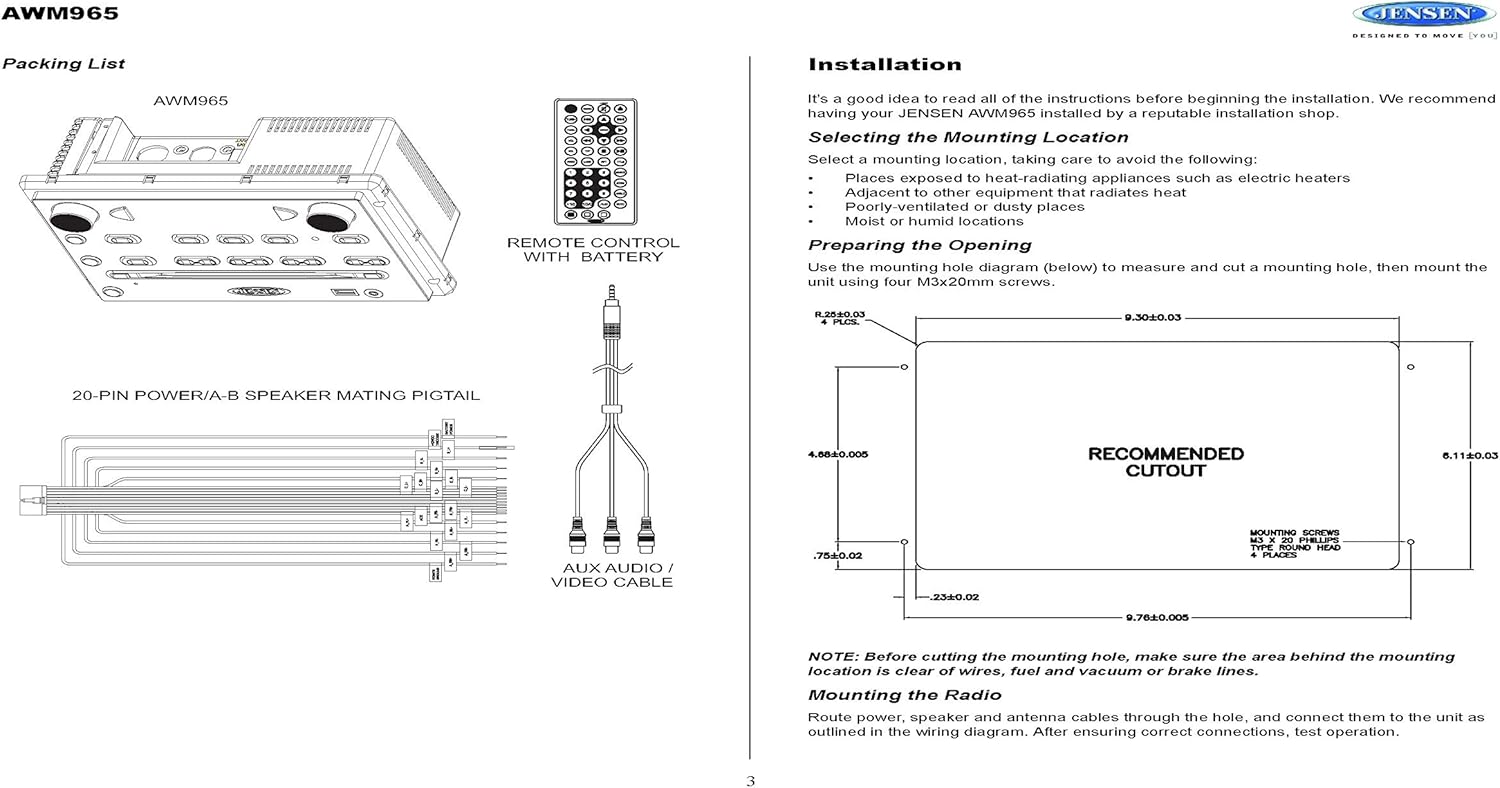 Jensen AWM965 Mounting Dimensions and Cutout
