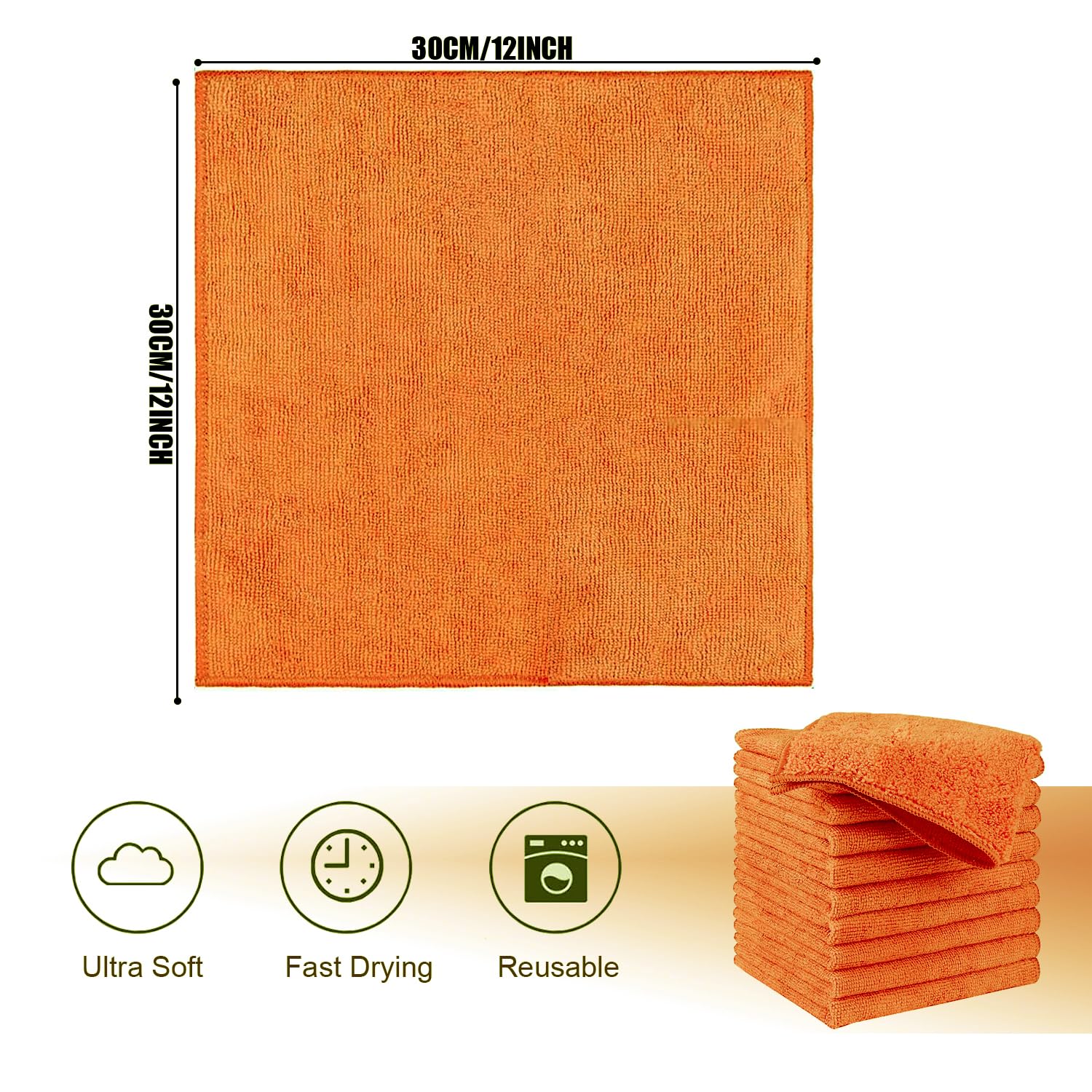 HIDMD Microfibre Cleaning Cloth, Microfiber Reusable Dish Cloths Kitchen Towels, Pack of 10 Orange 30cm x 30cm - Image 2