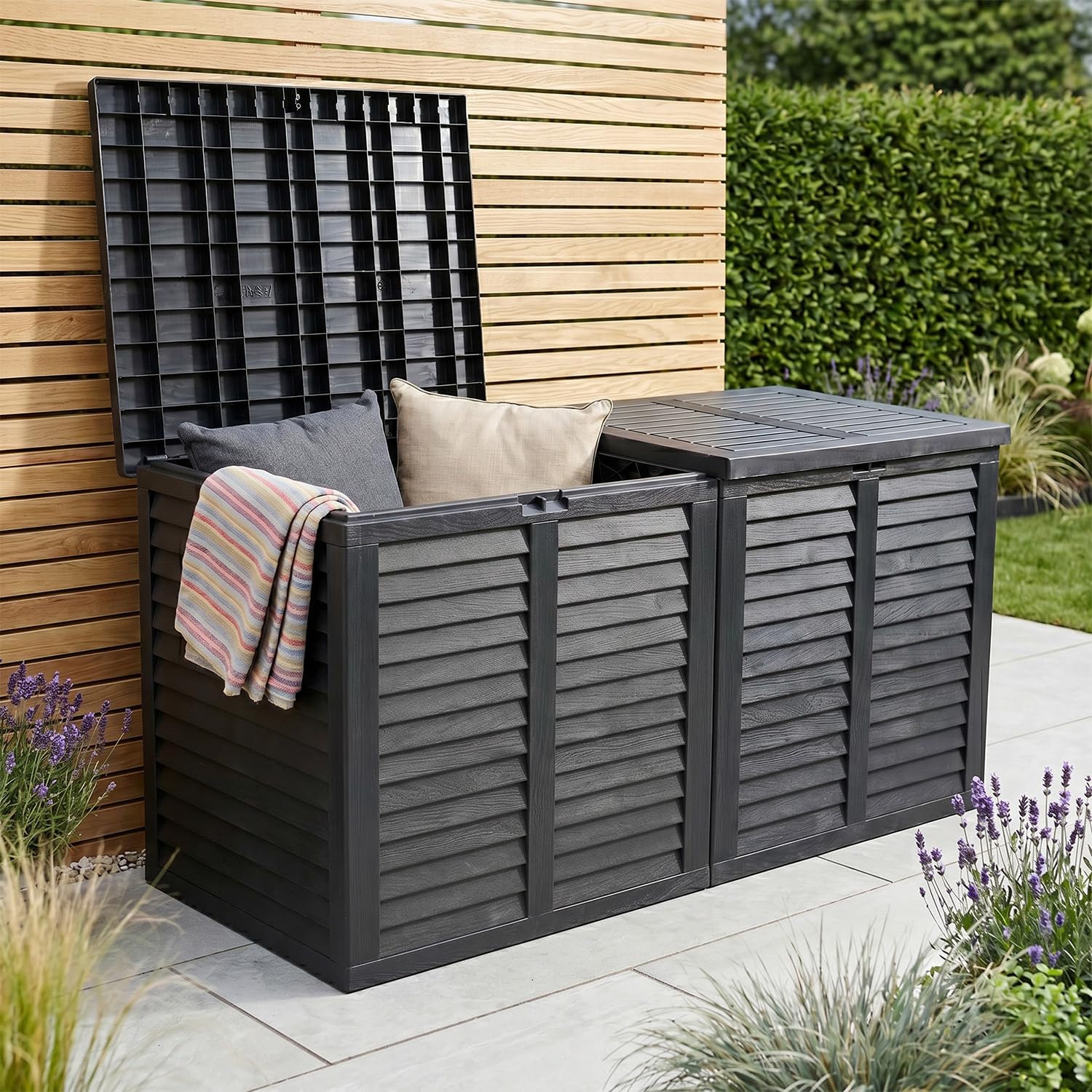 Jack Stonehouse JSH Extra Large Garden Storage Box 750L | Waterproof Outdoor Deck Box for Cushions, Toys, and Tools | Plastic Cabinet with Lid for Patio, Garage & Shed